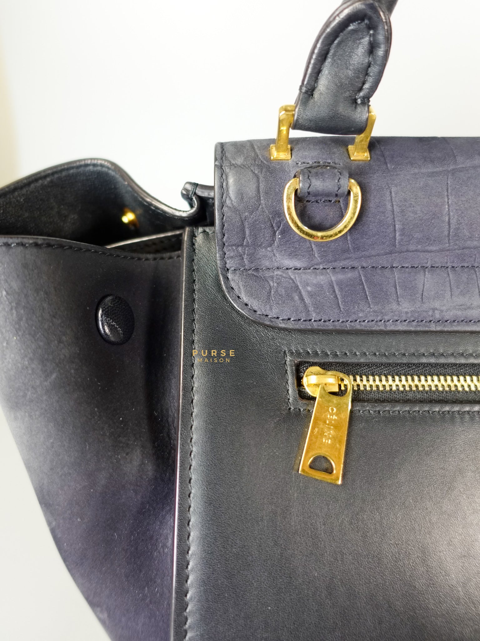 Trapeze Navy Blue Small Stamped Crocodile Nubuck Leather Bag | Purse Maison Luxury Bags Shop