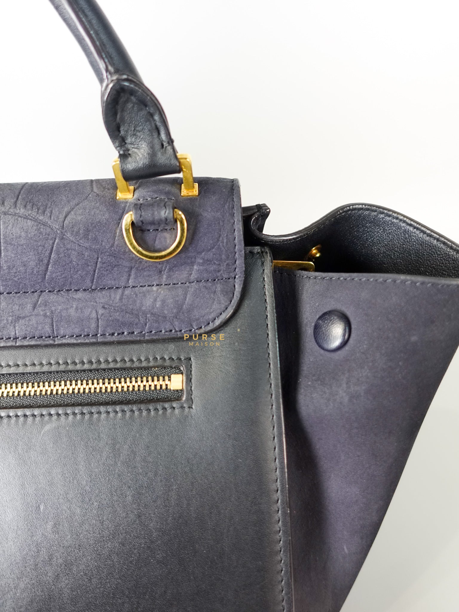 Trapeze Navy Blue Small Stamped Crocodile Nubuck Leather Bag | Purse Maison Luxury Bags Shop