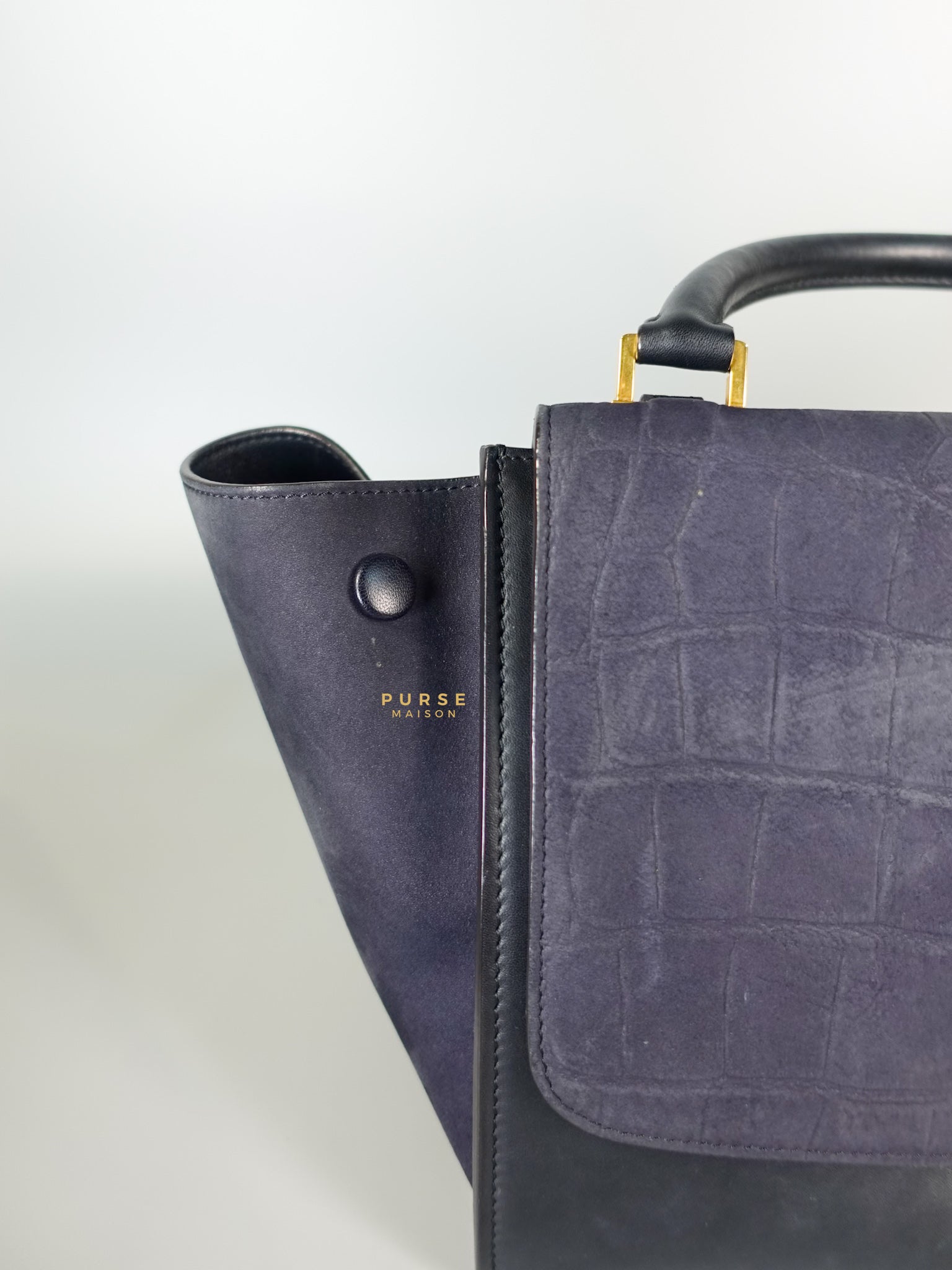 Trapeze Navy Blue Small Stamped Crocodile Nubuck Leather Bag | Purse Maison Luxury Bags Shop