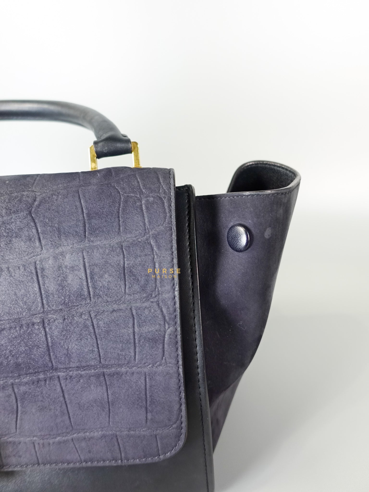 Trapeze Navy Blue Small Stamped Crocodile Nubuck Leather Bag | Purse Maison Luxury Bags Shop