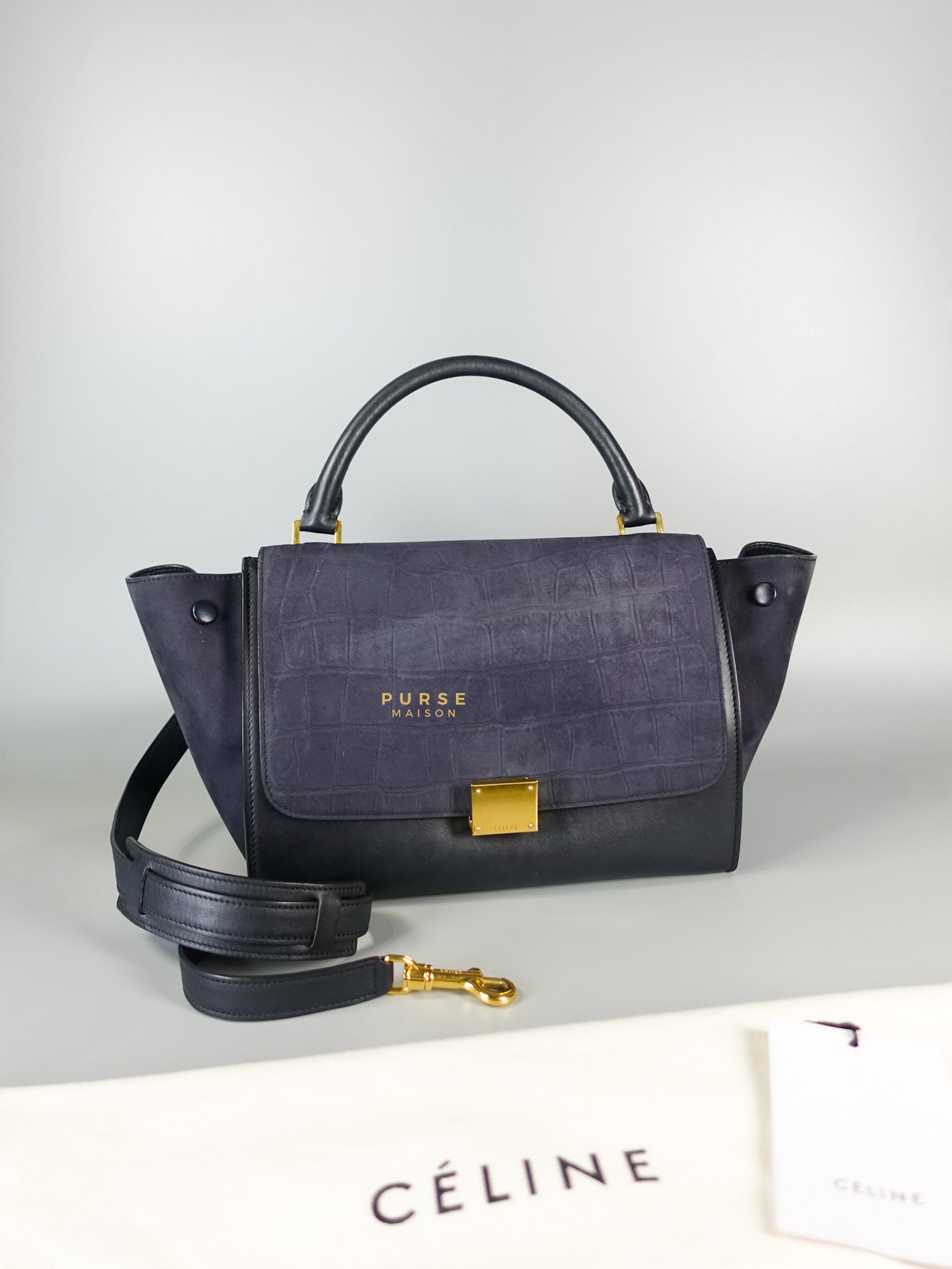 Trapeze Navy Blue Small Stamped Crocodile Nubuck Leather Bag | Purse Maison Luxury Bags Shop