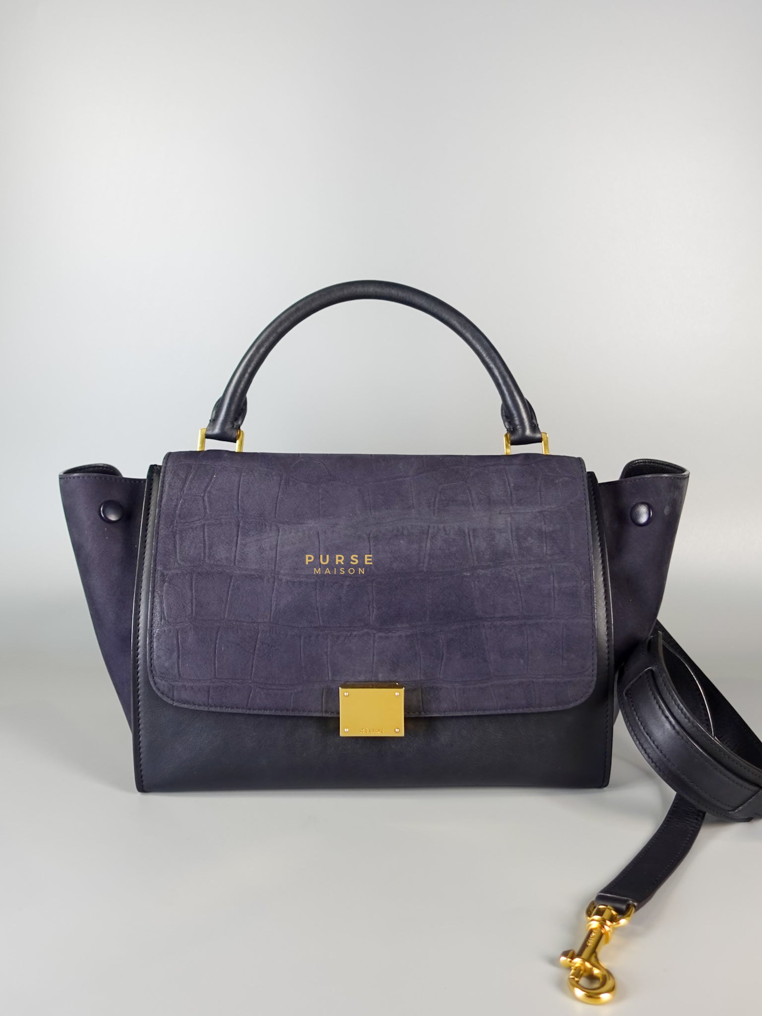 Trapeze Navy Blue Small Stamped Crocodile Nubuck Leather Bag | Purse Maison Luxury Bags Shop