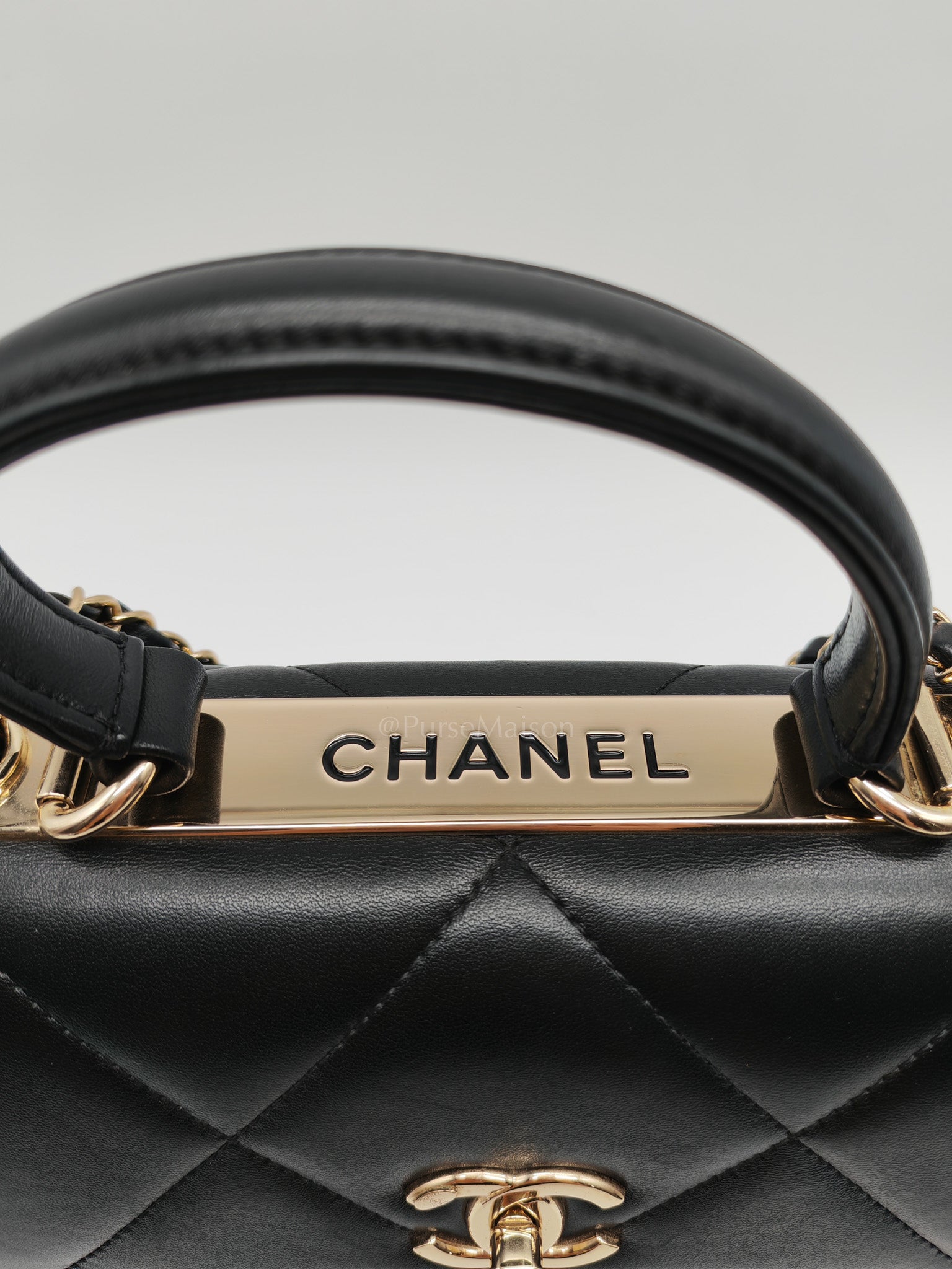 Trendy CC Small Top Handle Bag in Black Quilted Lambskin Leather & Light Gold Hardware Series 28 | Purse Maison Luxury Bags Shop