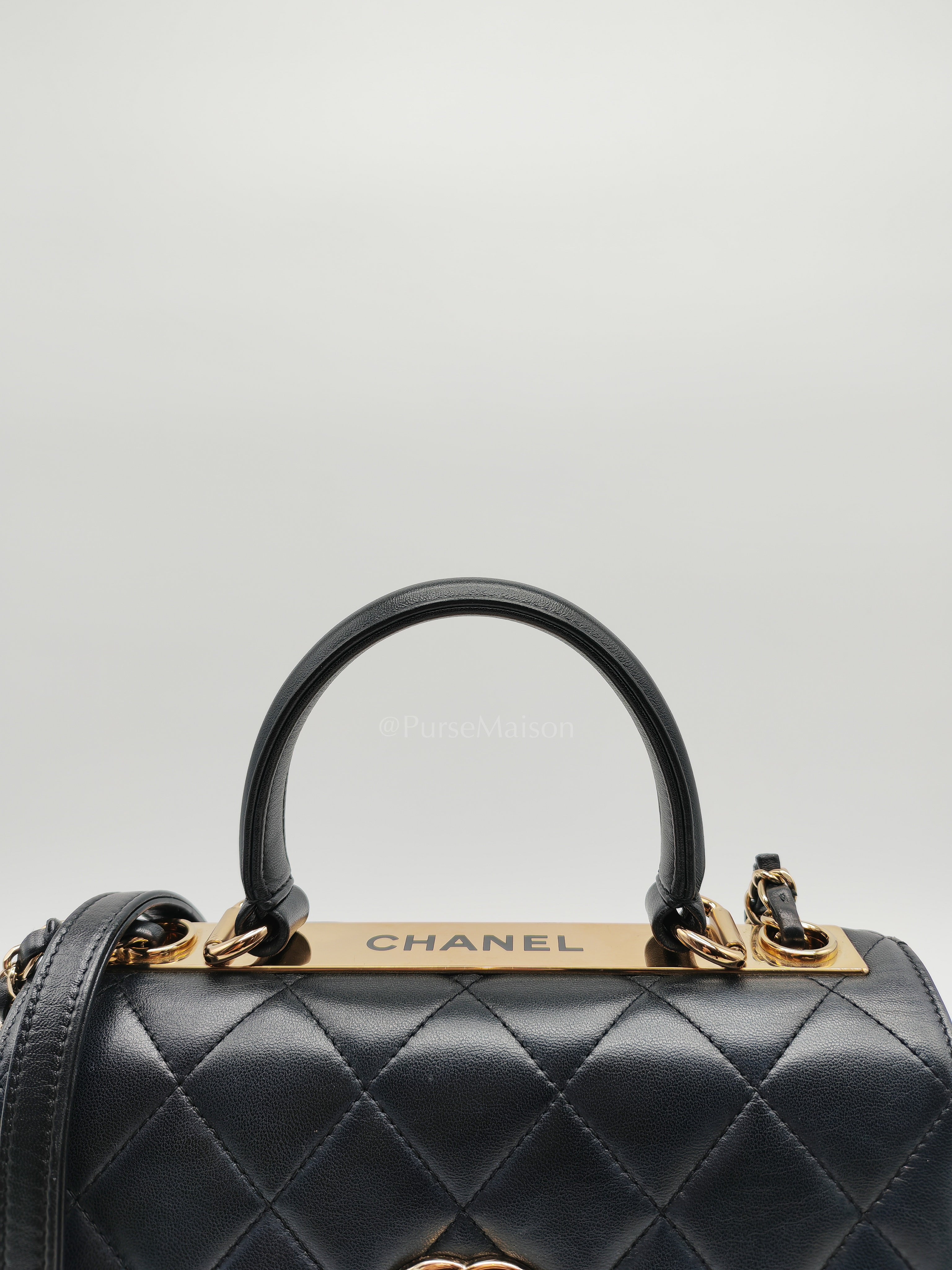 Trendy CC Top Handle Flap Bag in Dark Navy Blue Quilted Lambskin Leather & Light Gold Hardware Microchip Microchip | Purse Maison Luxury Bags Shop