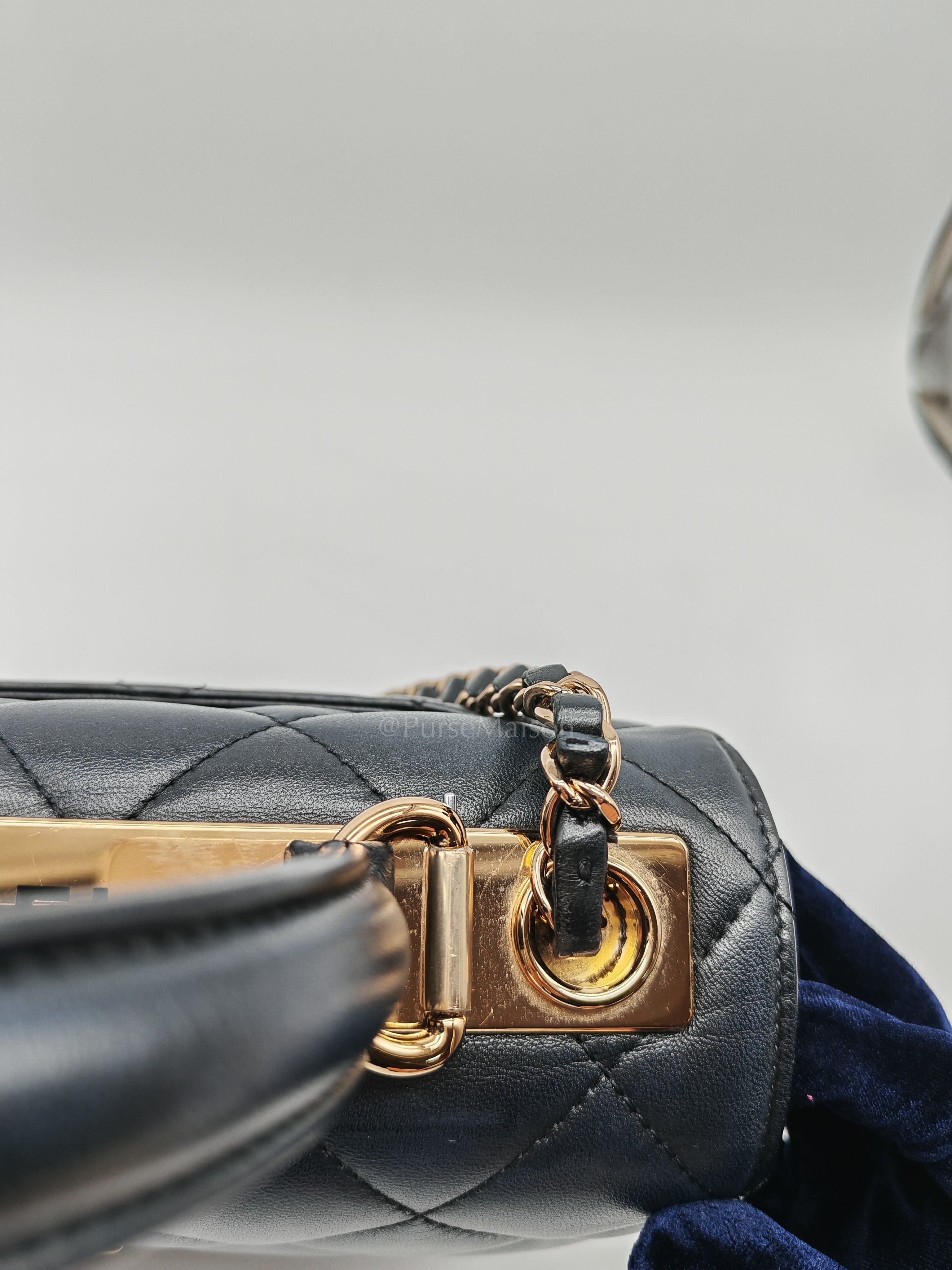 Trendy CC Top Handle Flap Bag in Dark Navy Blue Quilted Lambskin Leather & Light Gold Hardware Microchip Microchip | Purse Maison Luxury Bags Shop