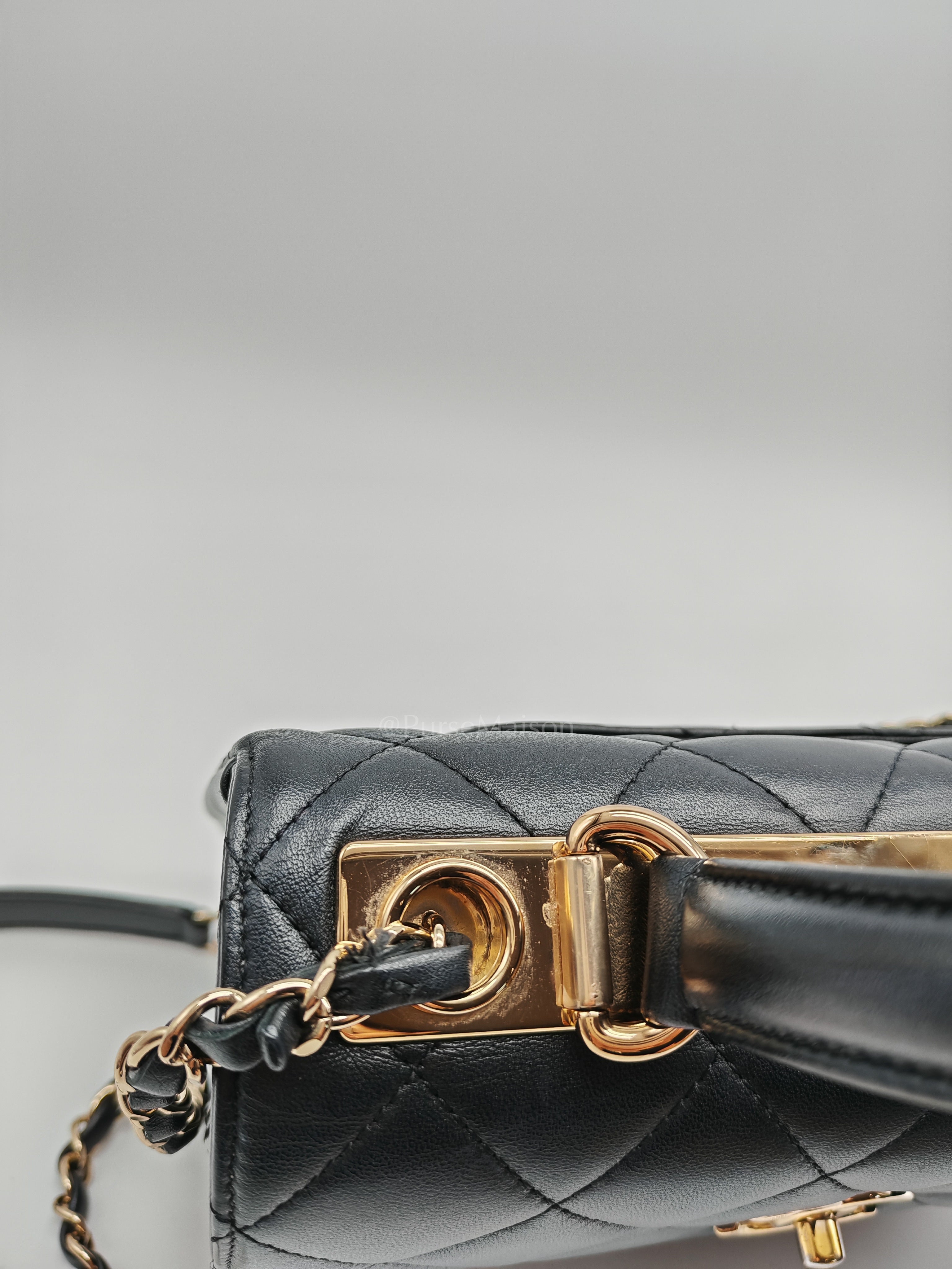 Trendy CC Top Handle Flap Bag in Dark Navy Blue Quilted Lambskin Leather & Light Gold Hardware Microchip Microchip | Purse Maison Luxury Bags Shop