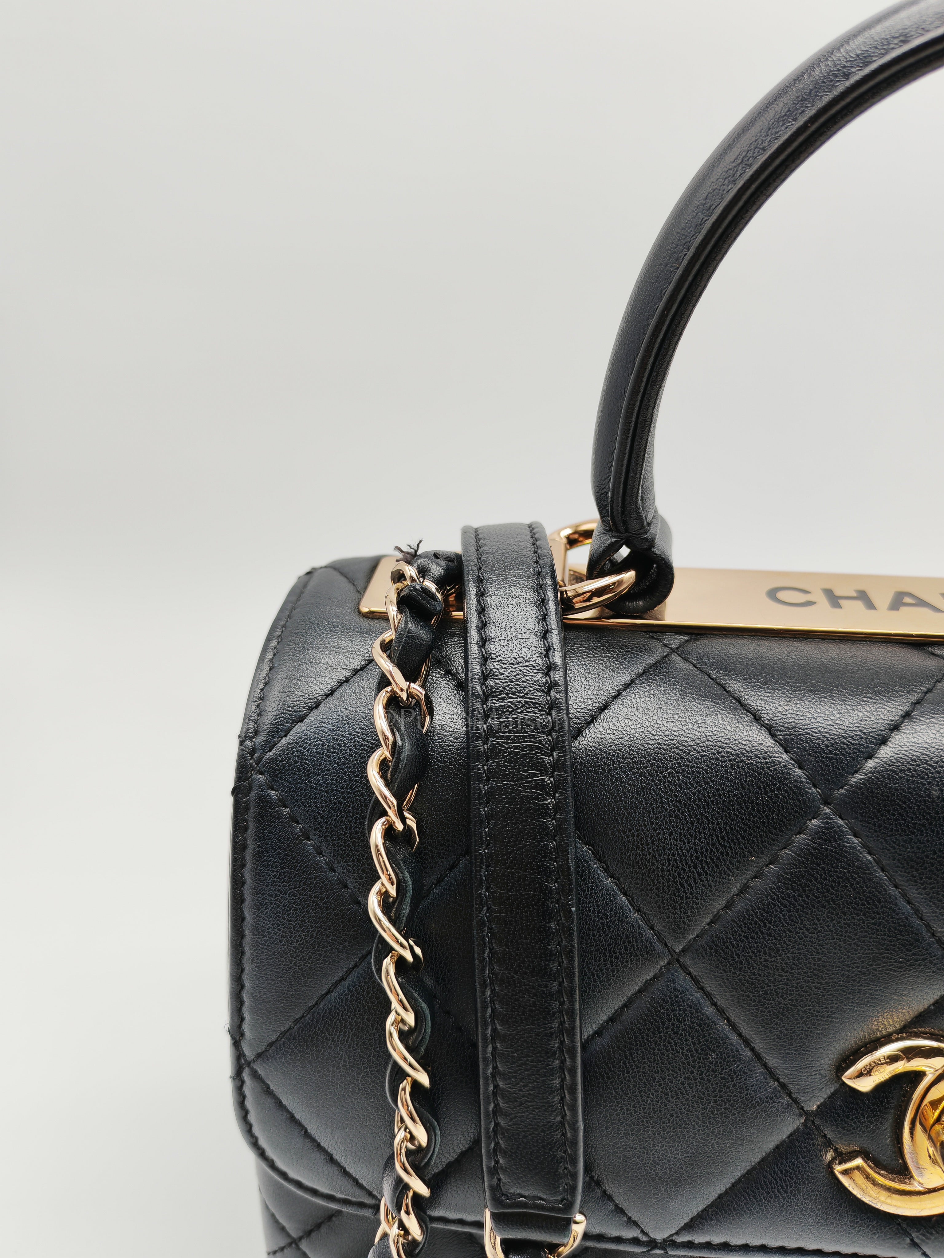 Trendy CC Top Handle Flap Bag in Dark Navy Blue Quilted Lambskin Leather & Light Gold Hardware Microchip Microchip | Purse Maison Luxury Bags Shop