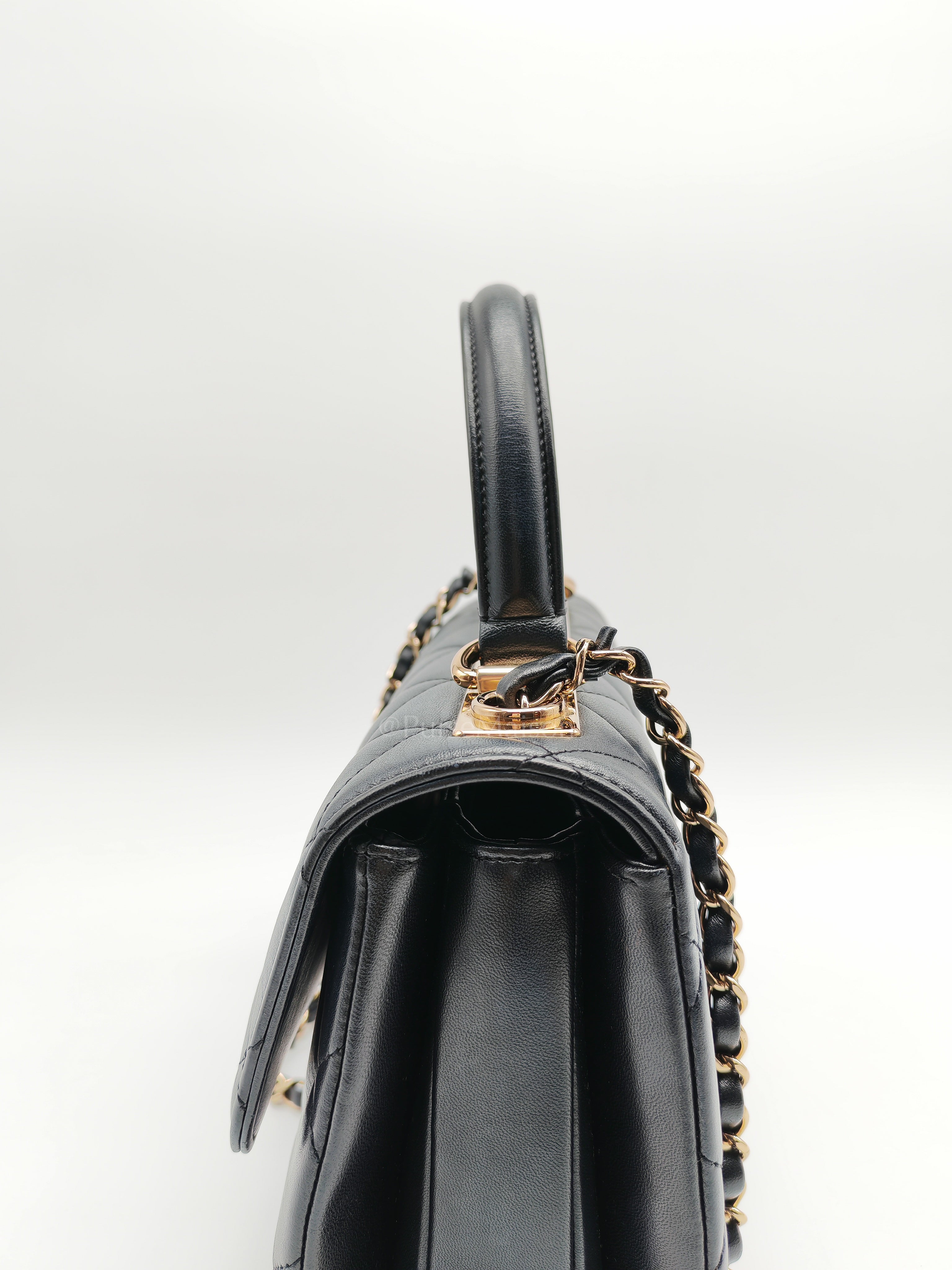 Trendy CC Top Handle Flap Bag in Dark Navy Blue Quilted Lambskin Leather & Light Gold Hardware Microchip Microchip | Purse Maison Luxury Bags Shop
