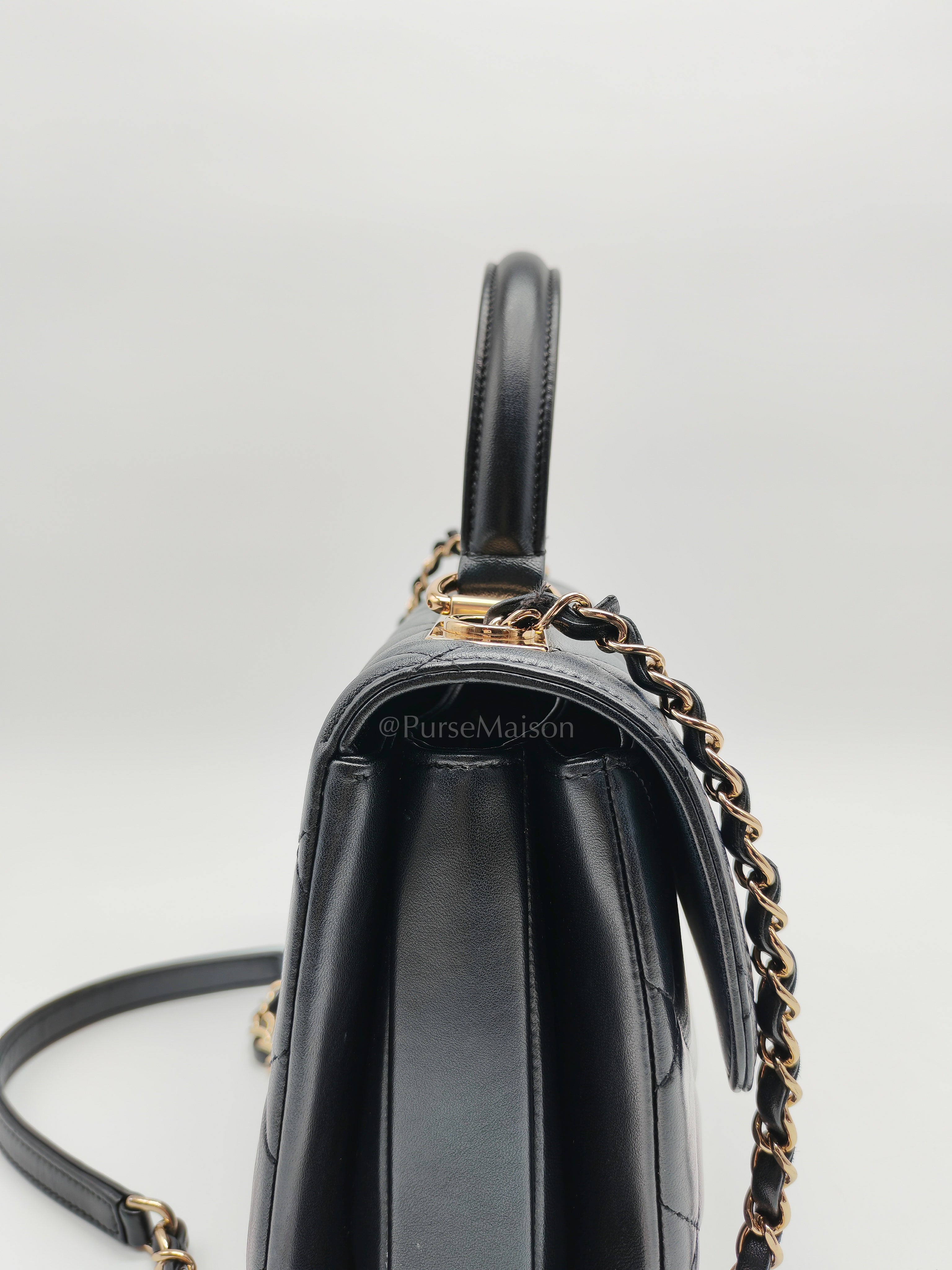 Trendy CC Top Handle Flap Bag in Dark Navy Blue Quilted Lambskin Leather & Light Gold Hardware Microchip Microchip | Purse Maison Luxury Bags Shop