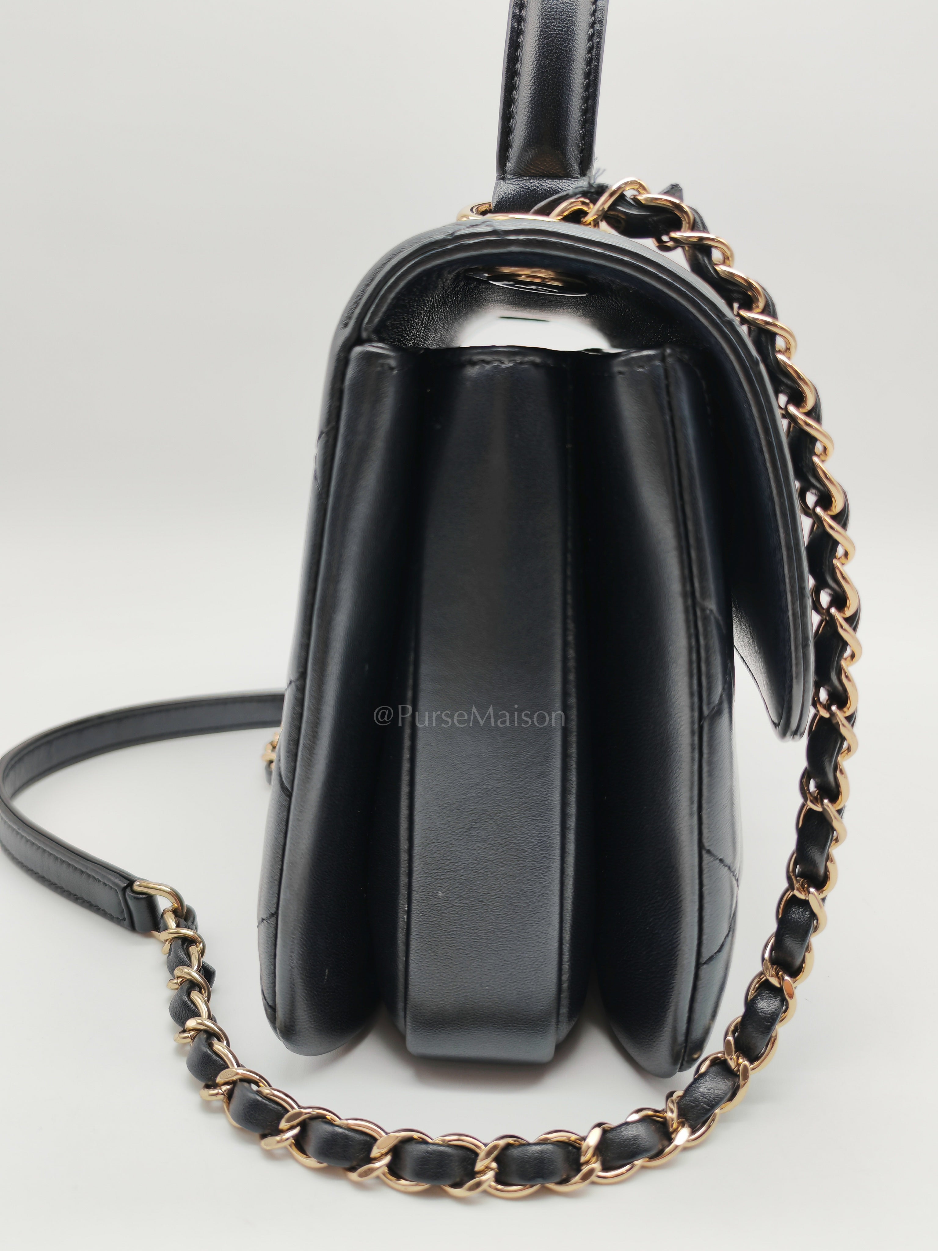 Trendy CC Top Handle Flap Bag in Dark Navy Blue Quilted Lambskin Leather & Light Gold Hardware Microchip Microchip | Purse Maison Luxury Bags Shop
