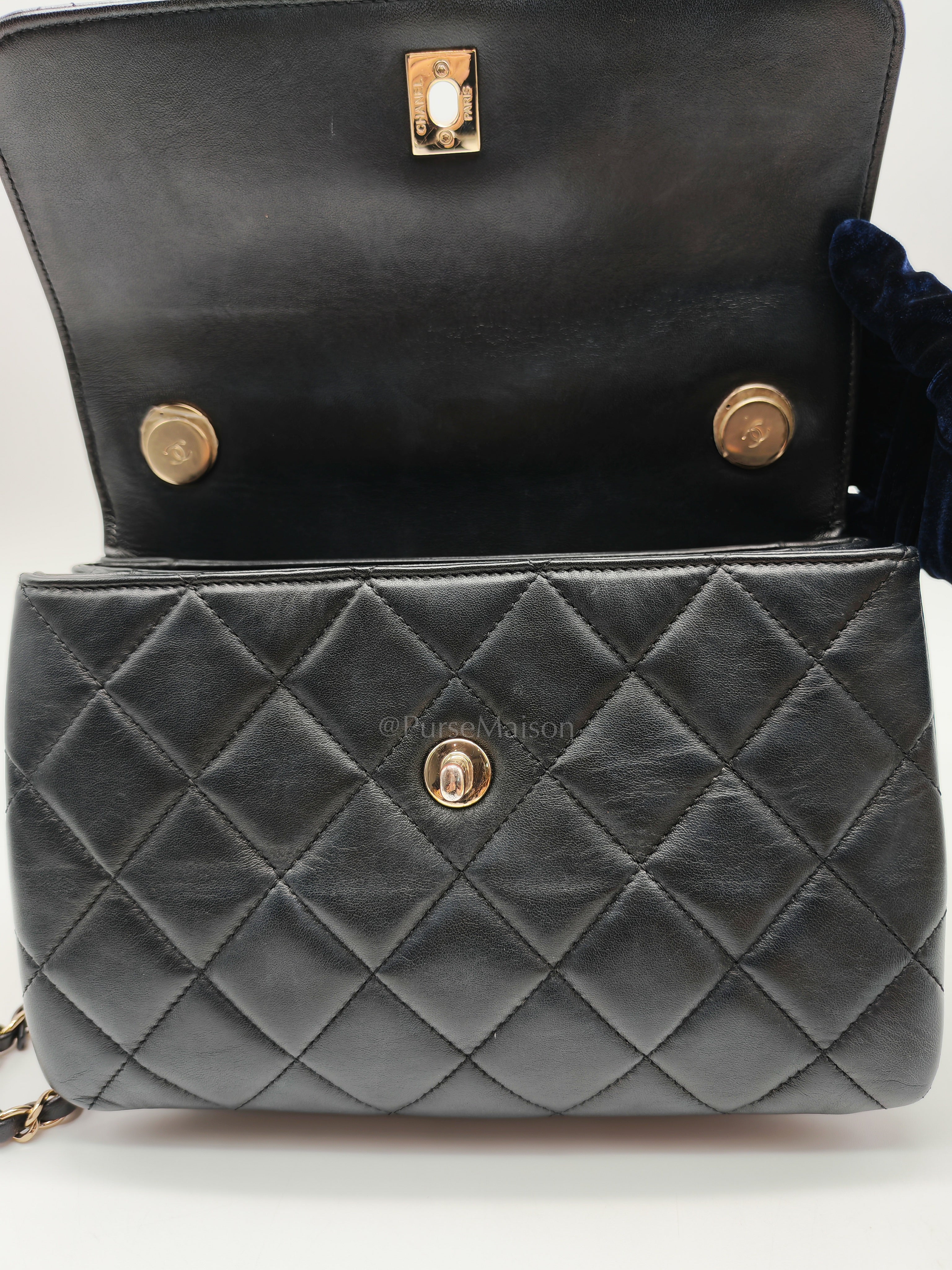 Trendy CC Top Handle Flap Bag in Dark Navy Blue Quilted Lambskin Leather & Light Gold Hardware Microchip Microchip | Purse Maison Luxury Bags Shop