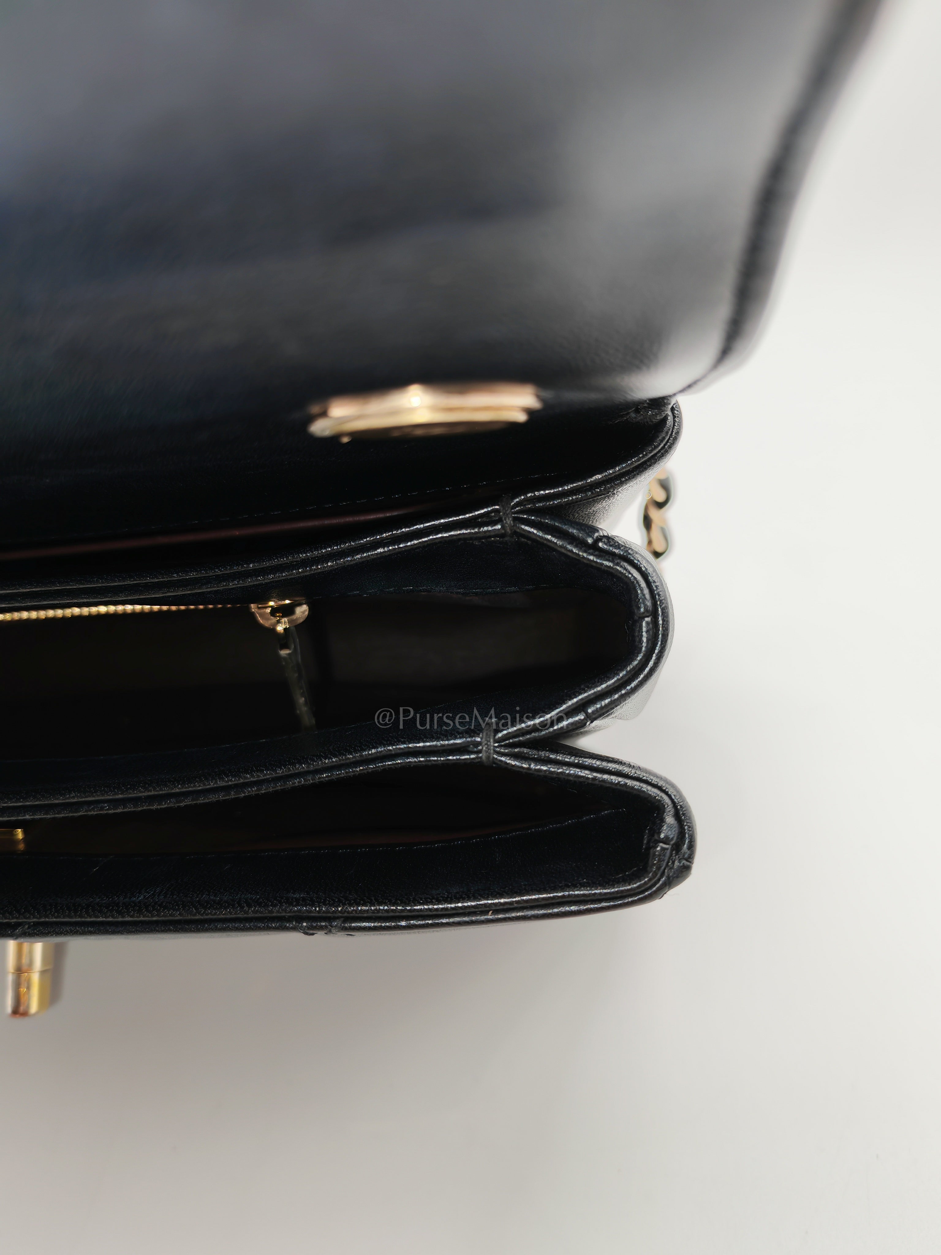 Trendy CC Top Handle Flap Bag in Dark Navy Blue Quilted Lambskin Leather & Light Gold Hardware Microchip Microchip | Purse Maison Luxury Bags Shop