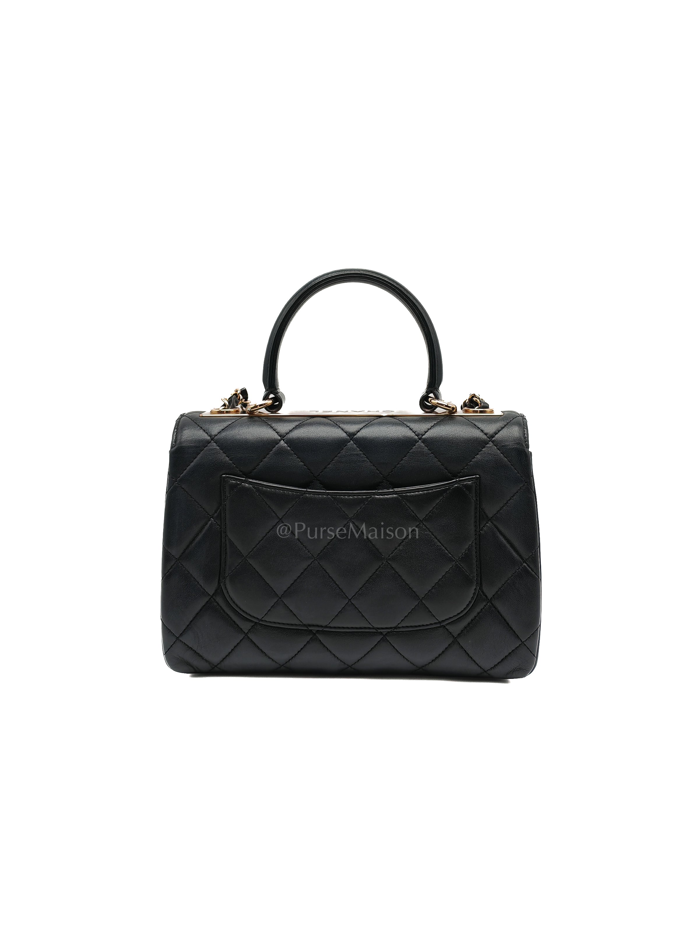 Trendy CC Top Handle Flap Bag in Dark Navy Blue Quilted Lambskin Leather & Light Gold Hardware Microchip Microchip | Purse Maison Luxury Bags Shop
