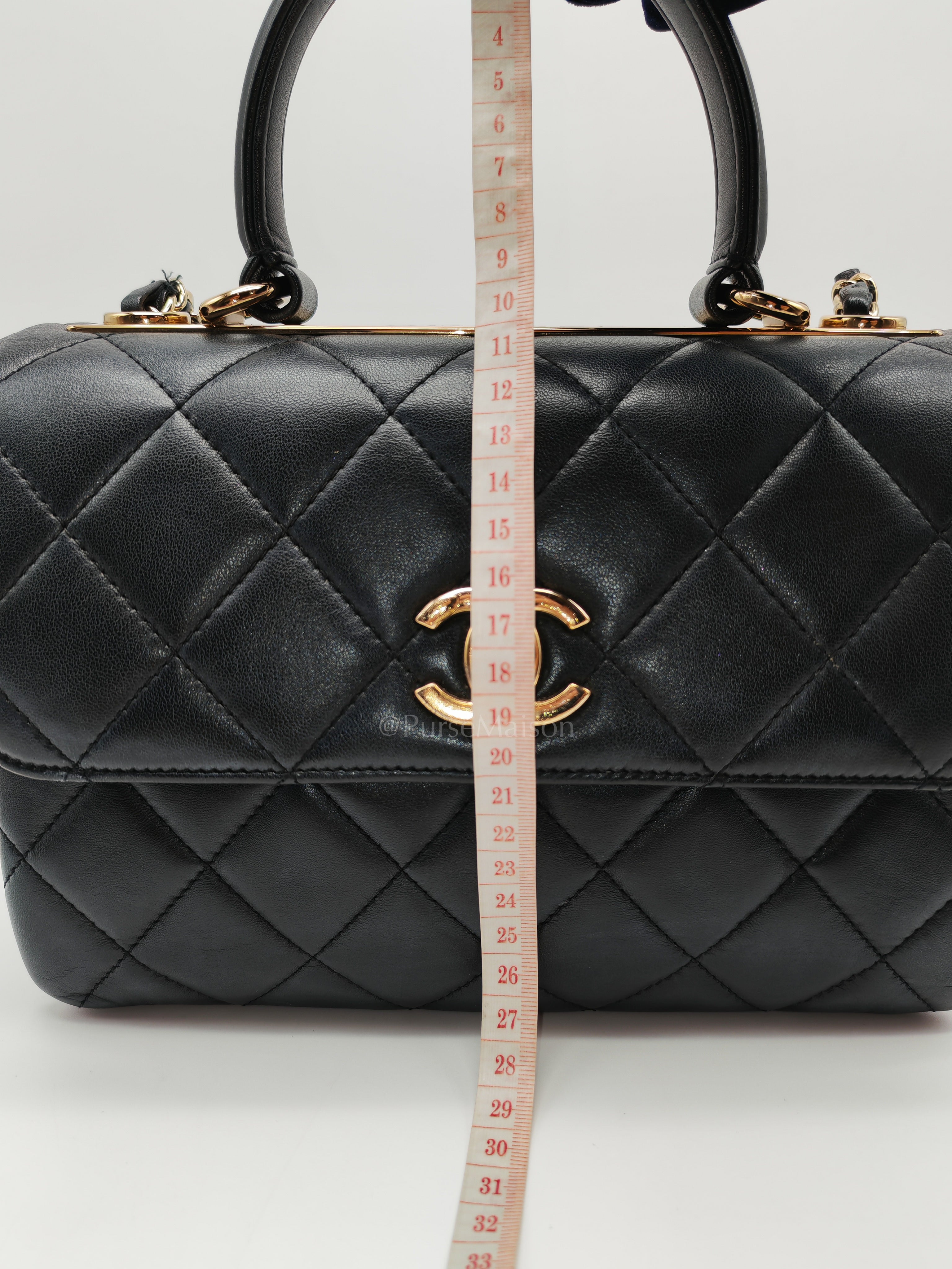 Trendy CC Top Handle Flap Bag in Dark Navy Blue Quilted Lambskin Leather & Light Gold Hardware Microchip Microchip | Purse Maison Luxury Bags Shop