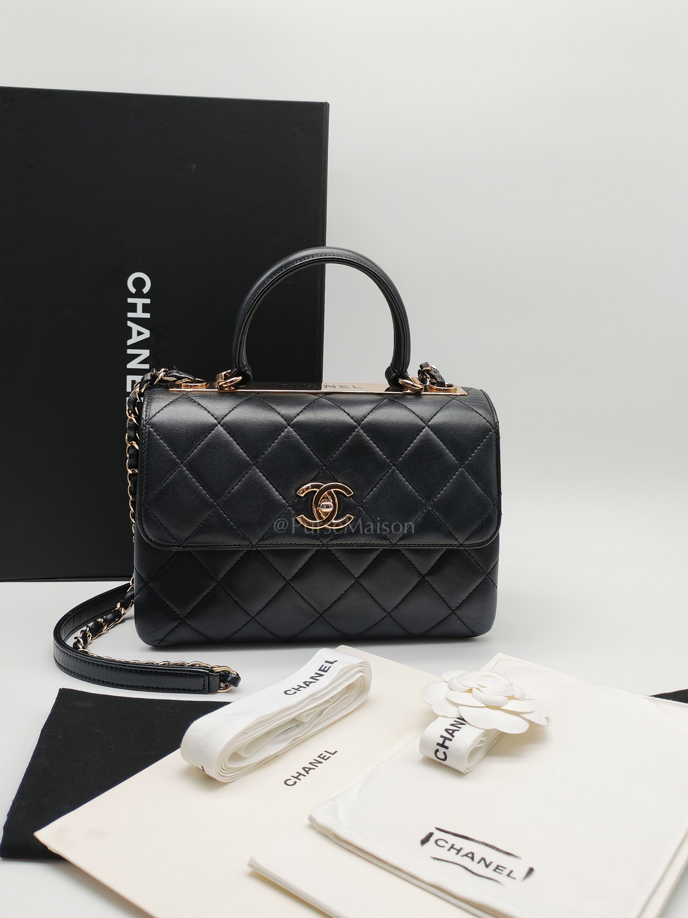 Trendy CC Top Handle Flap Bag in Dark Navy Blue Quilted Lambskin Leather & Light Gold Hardware Microchip Microchip | Purse Maison Luxury Bags Shop