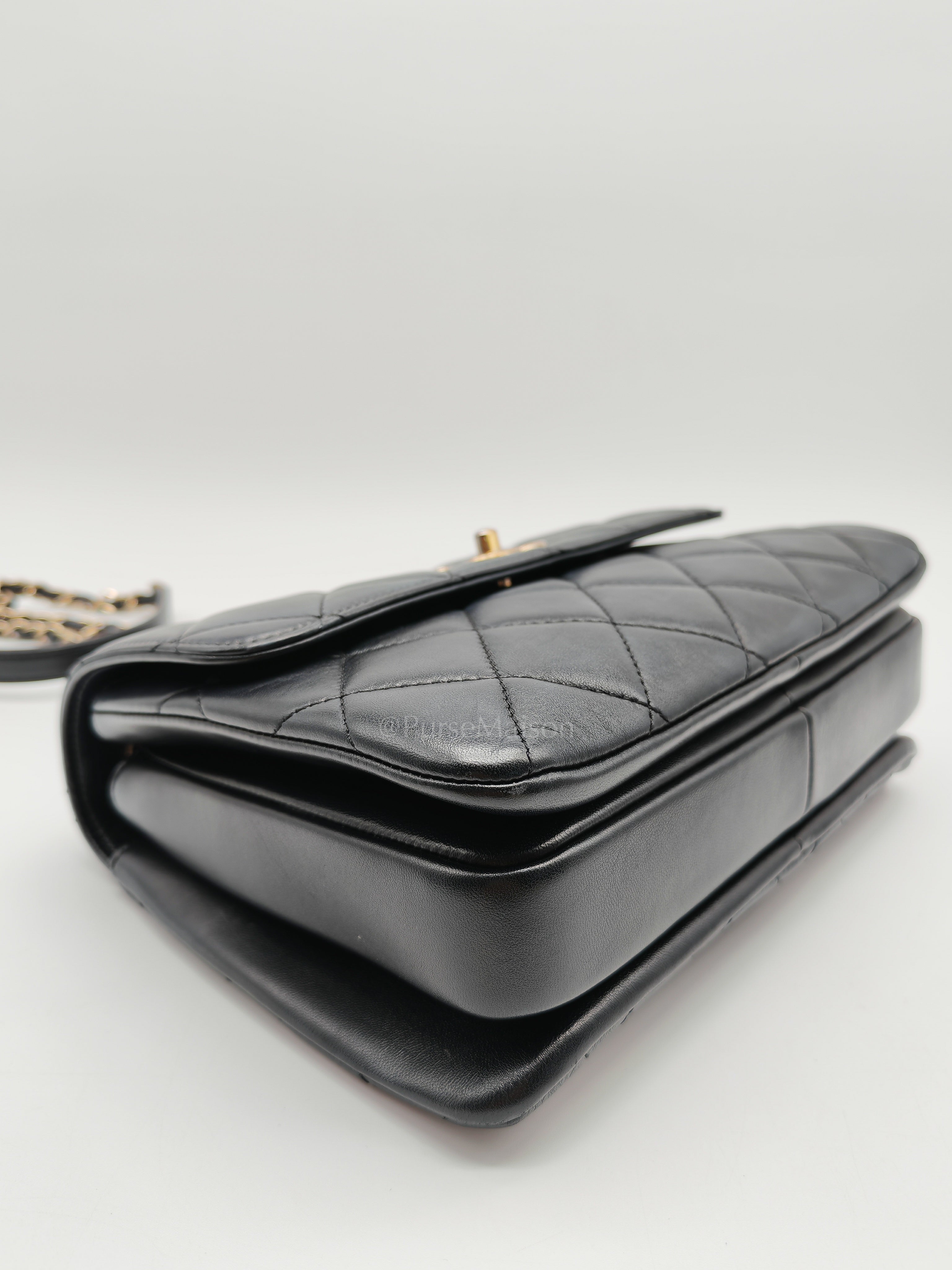 Trendy CC Top Handle Flap Bag in Dark Navy Blue Quilted Lambskin Leather & Light Gold Hardware Microchip Microchip | Purse Maison Luxury Bags Shop