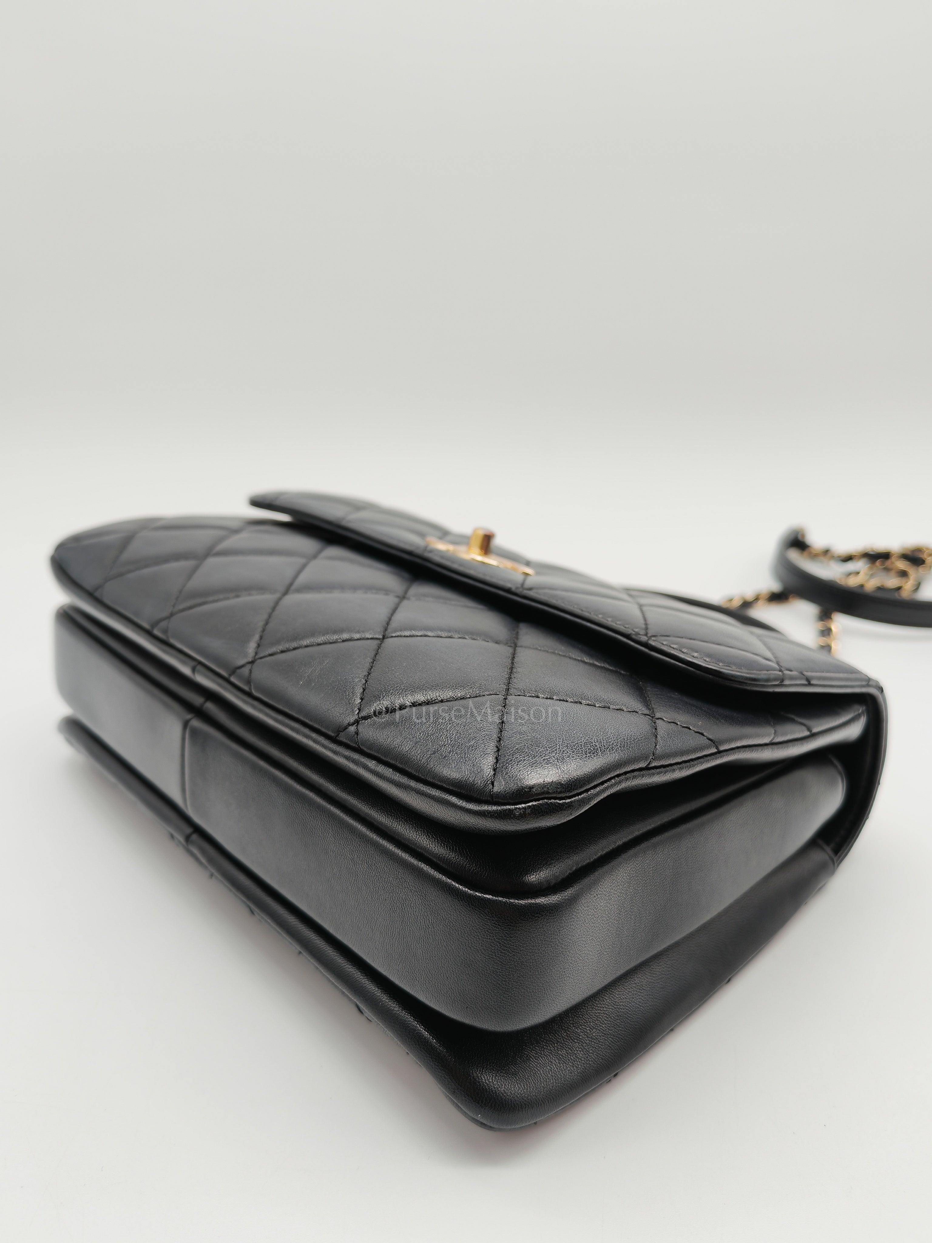 Trendy CC Top Handle Flap Bag in Dark Navy Blue Quilted Lambskin Leather & Light Gold Hardware Microchip Microchip | Purse Maison Luxury Bags Shop
