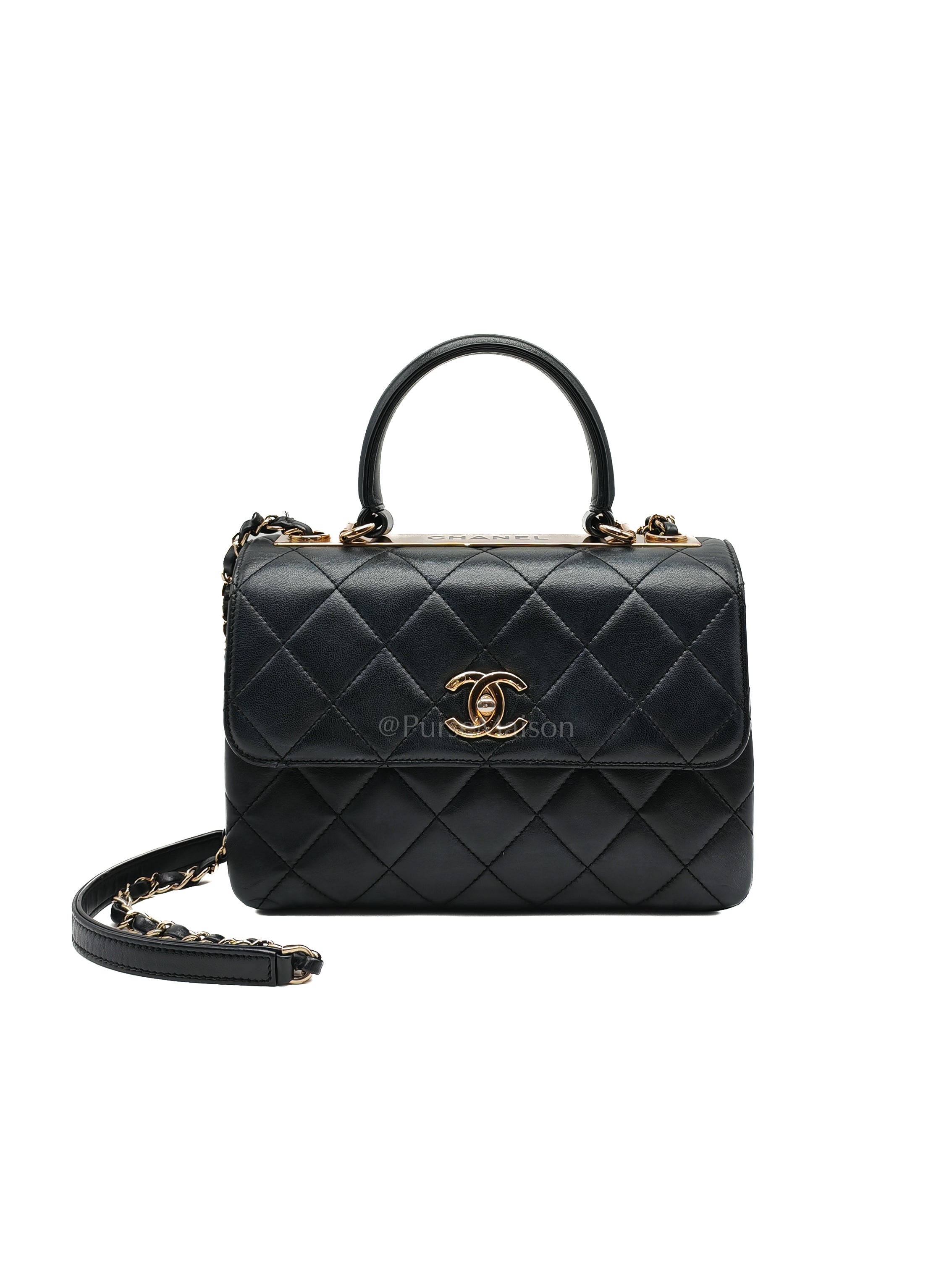 Trendy CC Top Handle Flap Bag in Dark Navy Blue Quilted Lambskin Leather & Light Gold Hardware Microchip Microchip | Purse Maison Luxury Bags Shop