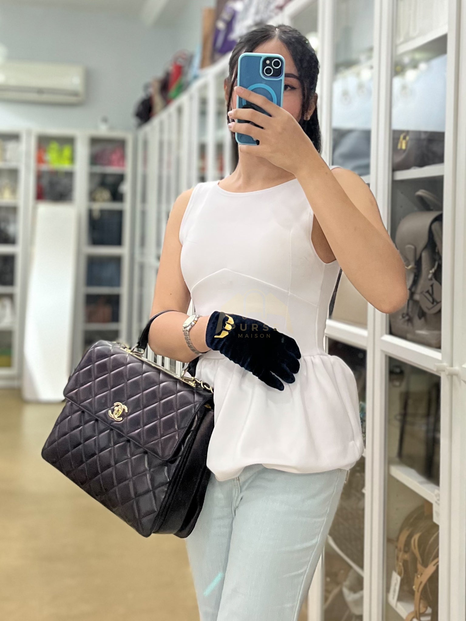 Trendy CC Top Handle Jumbo in Black Lambskin Light Gold Hardware (Series 19) | Purse Maison Luxury Bags Shop