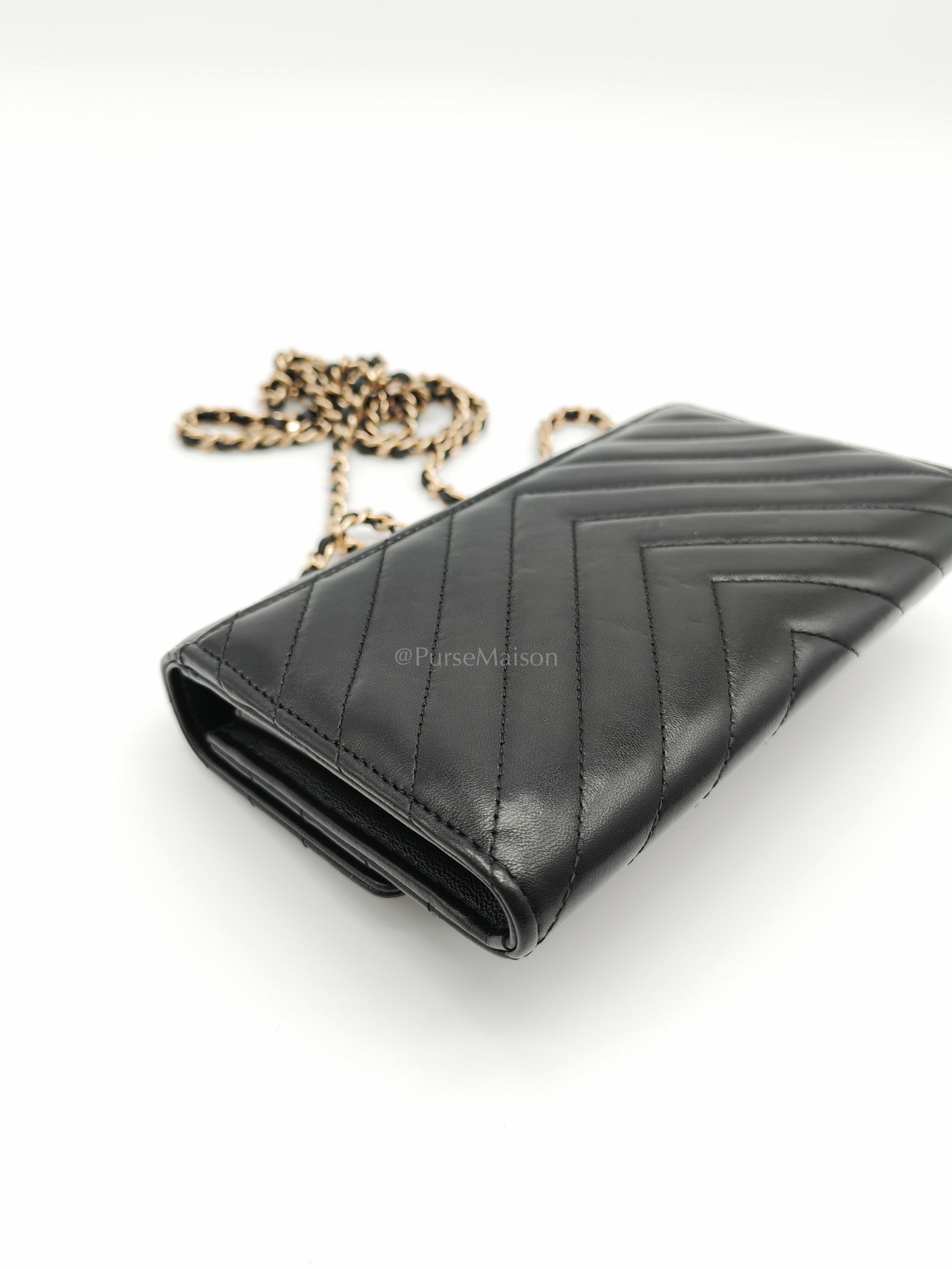 Trendy CC Wallet On Chain (WOC) in Black Chevron Lambskin Leather and Light Gold Hardware Series 25 | Purse Maison Luxury Bags Shop
