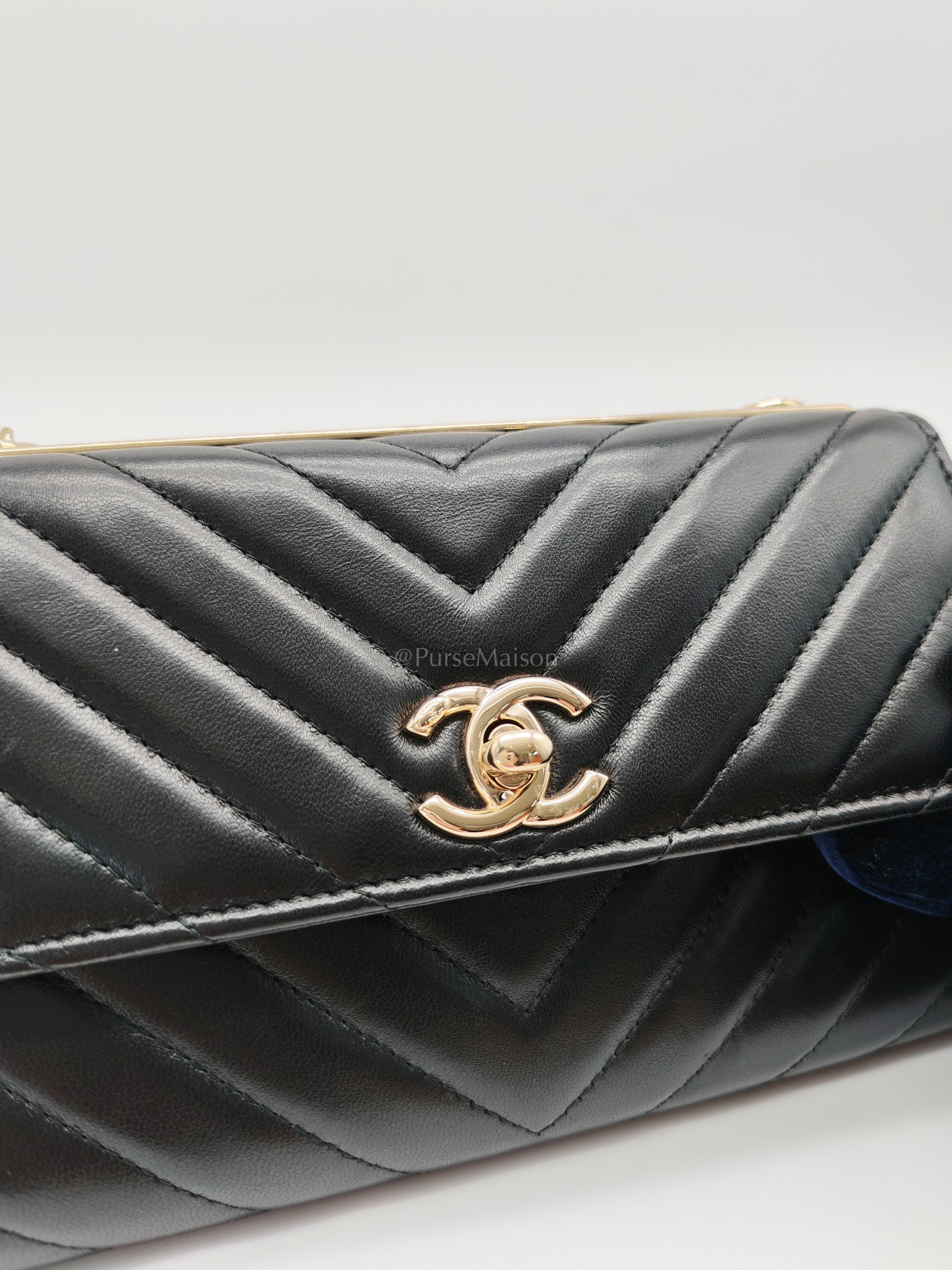 Trendy CC Wallet On Chain (WOC) in Black Chevron Lambskin Leather and Light Gold Hardware Series 25 | Purse Maison Luxury Bags Shop