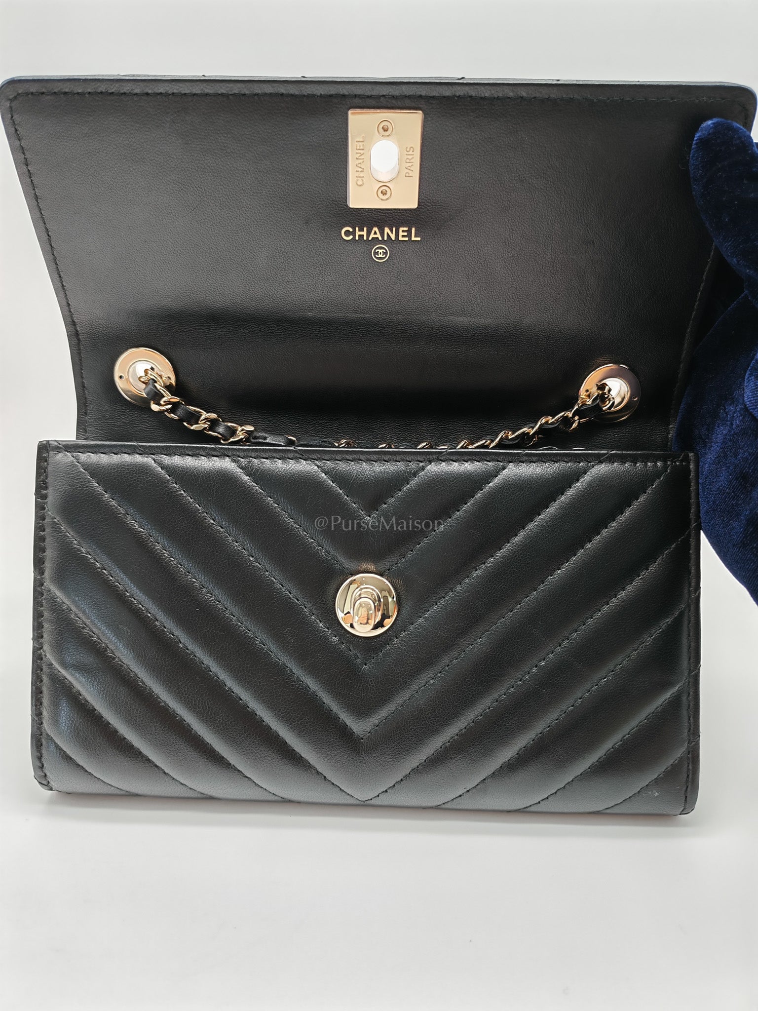 Trendy CC Wallet On Chain (WOC) in Black Chevron Lambskin Leather and Light Gold Hardware Series 25 | Purse Maison Luxury Bags Shop