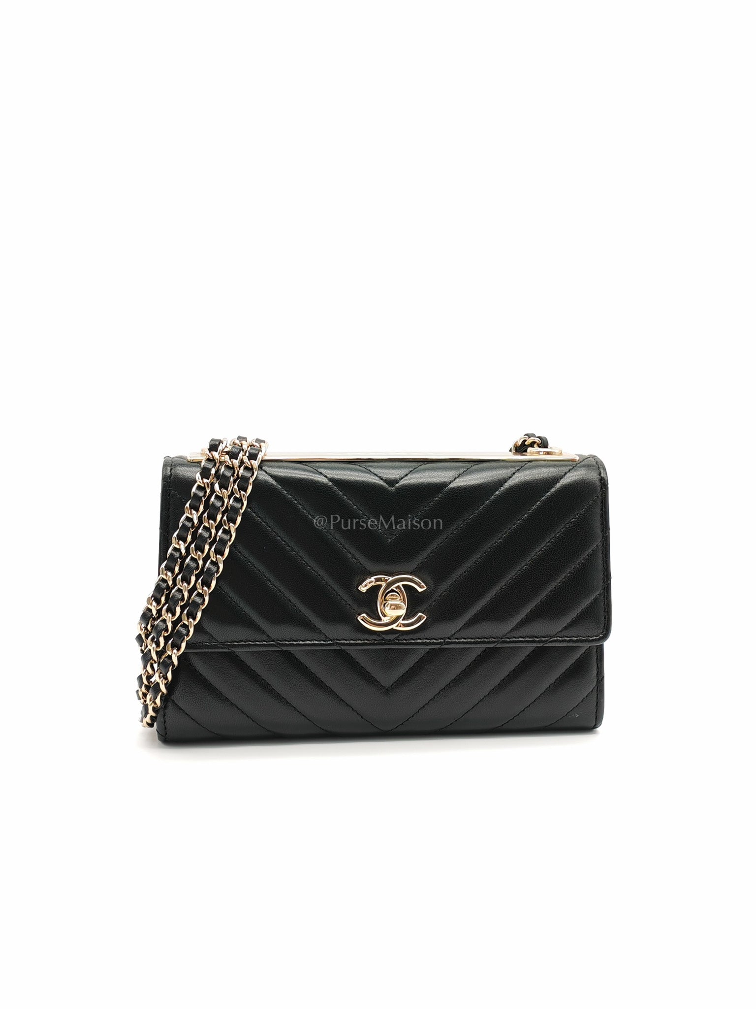 Trendy CC Wallet On Chain (WOC) in Black Chevron Lambskin Leather and Light Gold Hardware Series 25 | Purse Maison Luxury Bags Shop