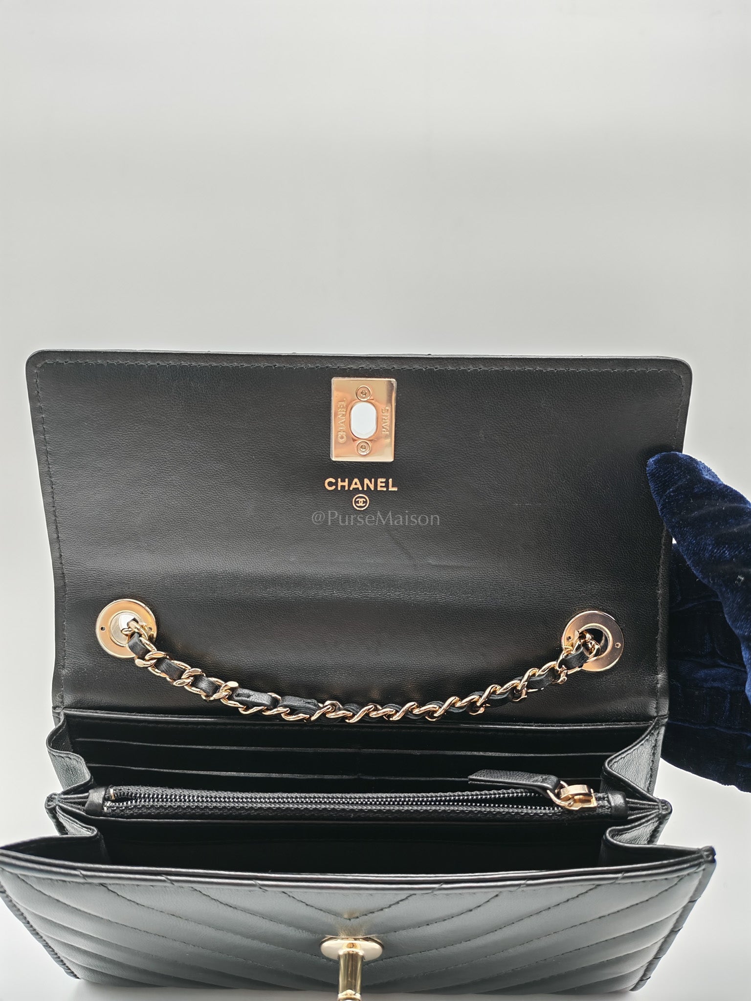 Trendy CC Wallet On Chain (WOC) in Black Chevron Lambskin Leather and Light Gold Hardware Series 25 | Purse Maison Luxury Bags Shop