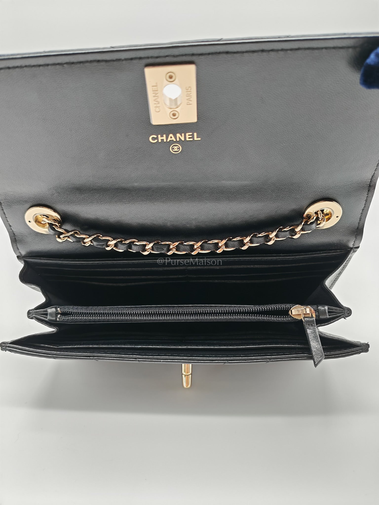 Trendy CC Wallet On Chain (WOC) in Black Chevron Lambskin Leather and Light Gold Hardware Series 25 | Purse Maison Luxury Bags Shop