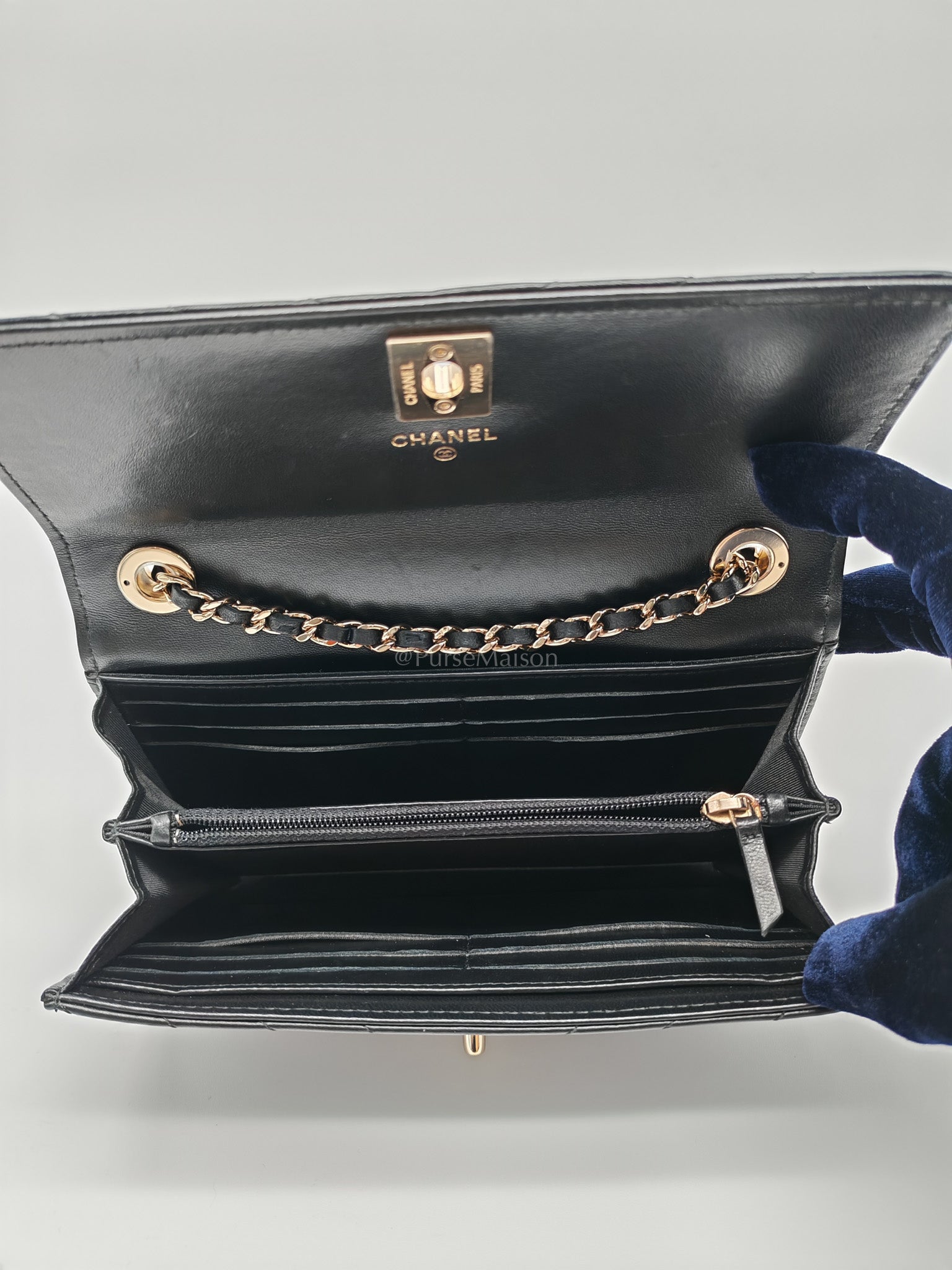 Trendy CC Wallet On Chain (WOC) in Black Chevron Lambskin Leather and Light Gold Hardware Series 25 | Purse Maison Luxury Bags Shop