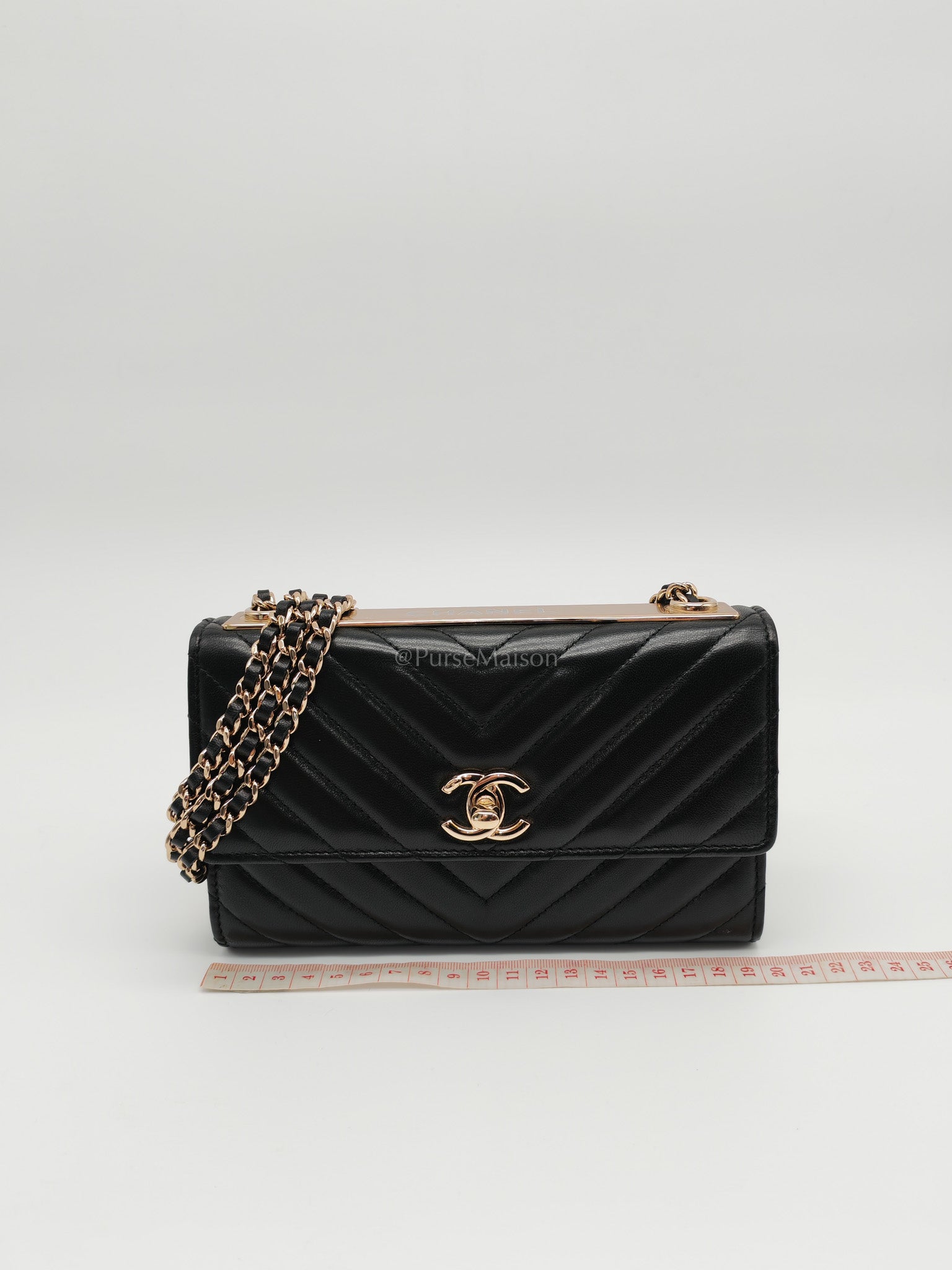 Trendy CC Wallet On Chain (WOC) in Black Chevron Lambskin Leather and Light Gold Hardware Series 25 | Purse Maison Luxury Bags Shop