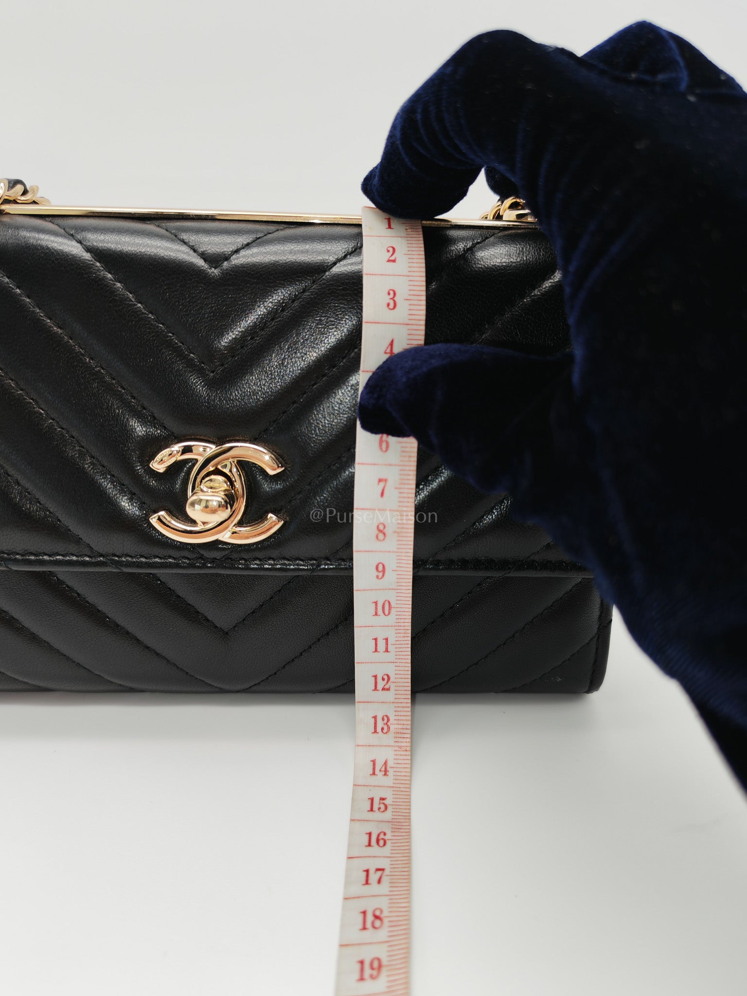 Trendy CC Wallet On Chain (WOC) in Black Chevron Lambskin Leather and Light Gold Hardware Series 25 | Purse Maison Luxury Bags Shop