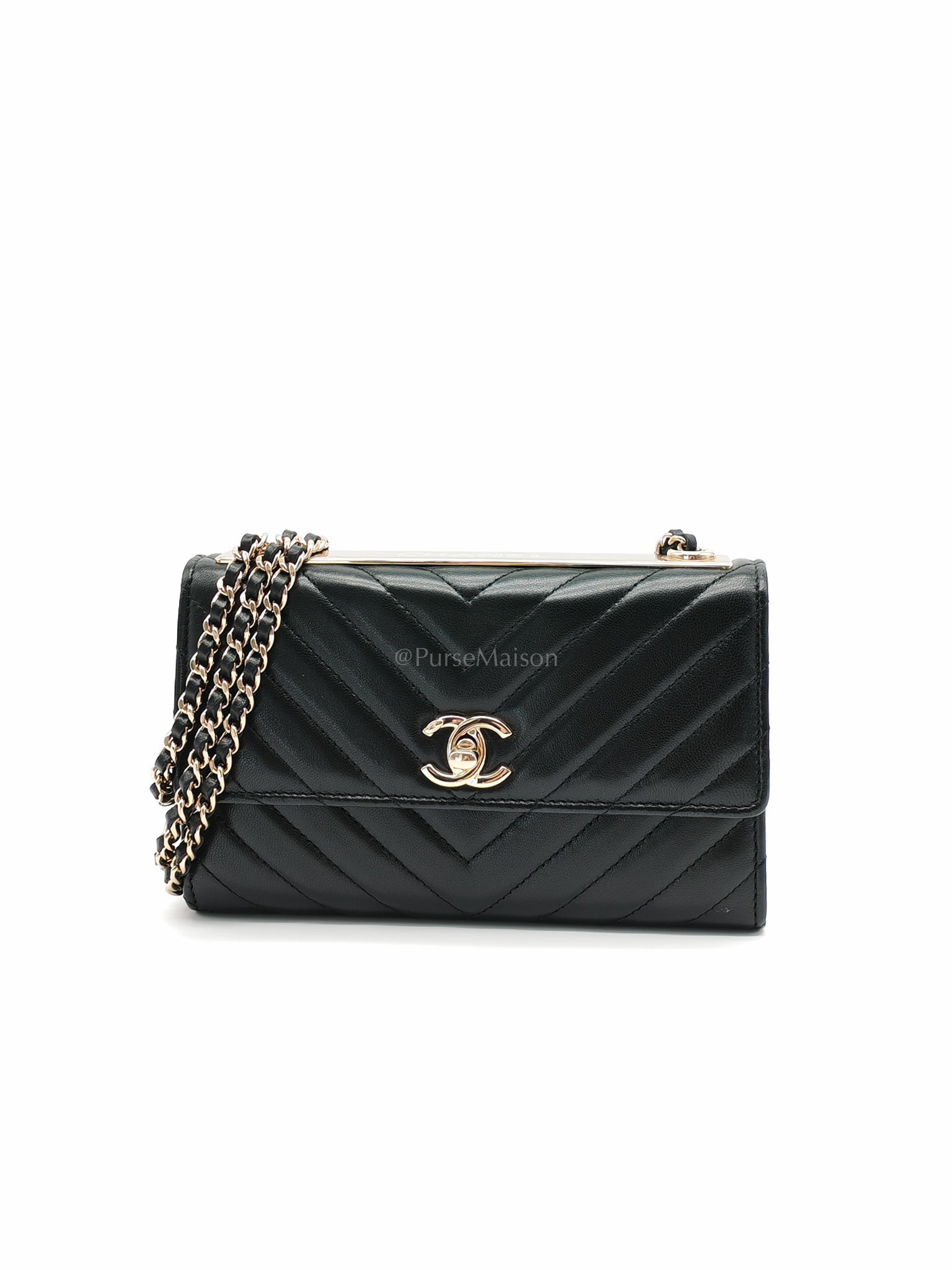 Trendy CC Wallet On Chain (WOC) in Black Chevron Lambskin Leather and Light Gold Hardware Series 25 | Purse Maison Luxury Bags Shop