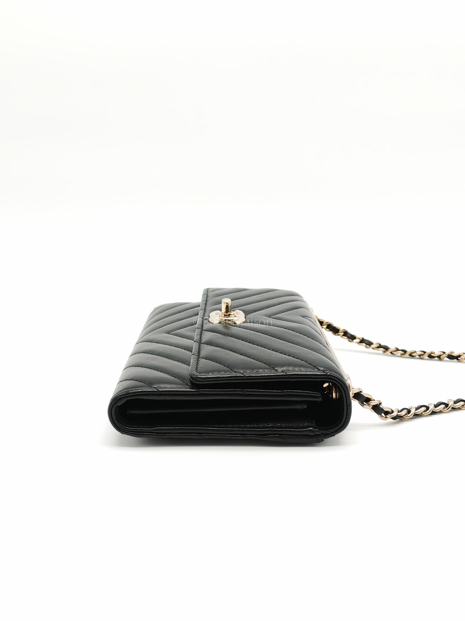 Trendy CC Wallet On Chain (WOC) in Black Chevron Lambskin Leather and Light Gold Hardware Series 25 | Purse Maison Luxury Bags Shop