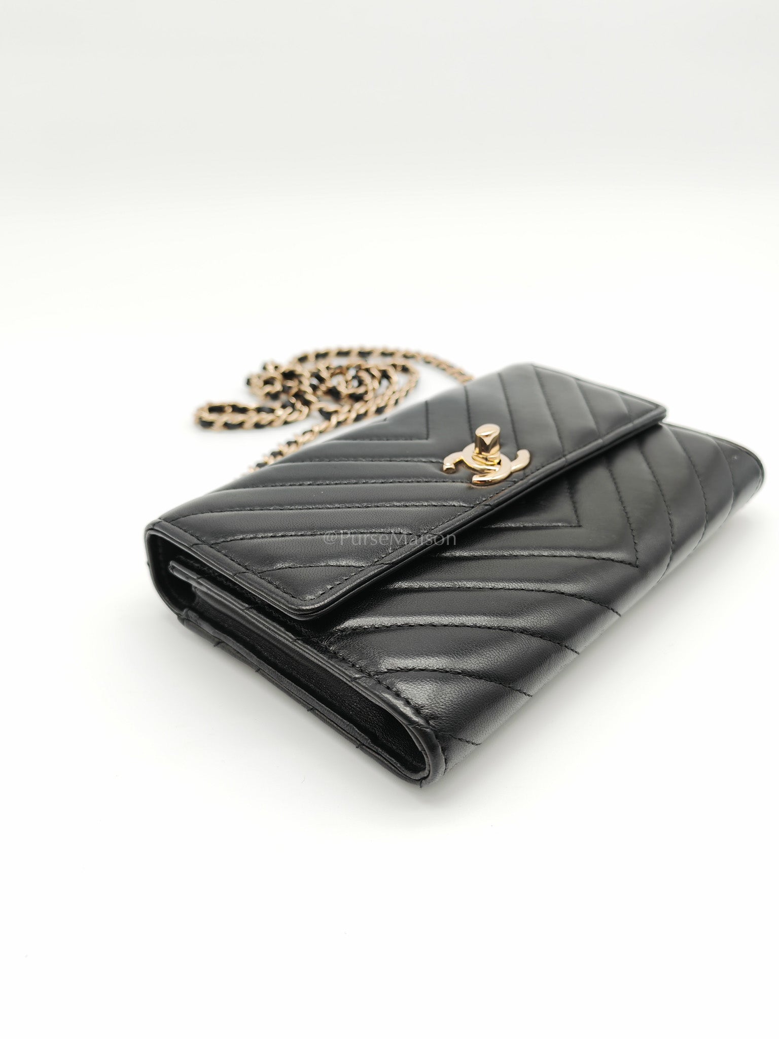 Trendy CC Wallet On Chain (WOC) in Black Chevron Lambskin Leather and Light Gold Hardware Series 25 | Purse Maison Luxury Bags Shop