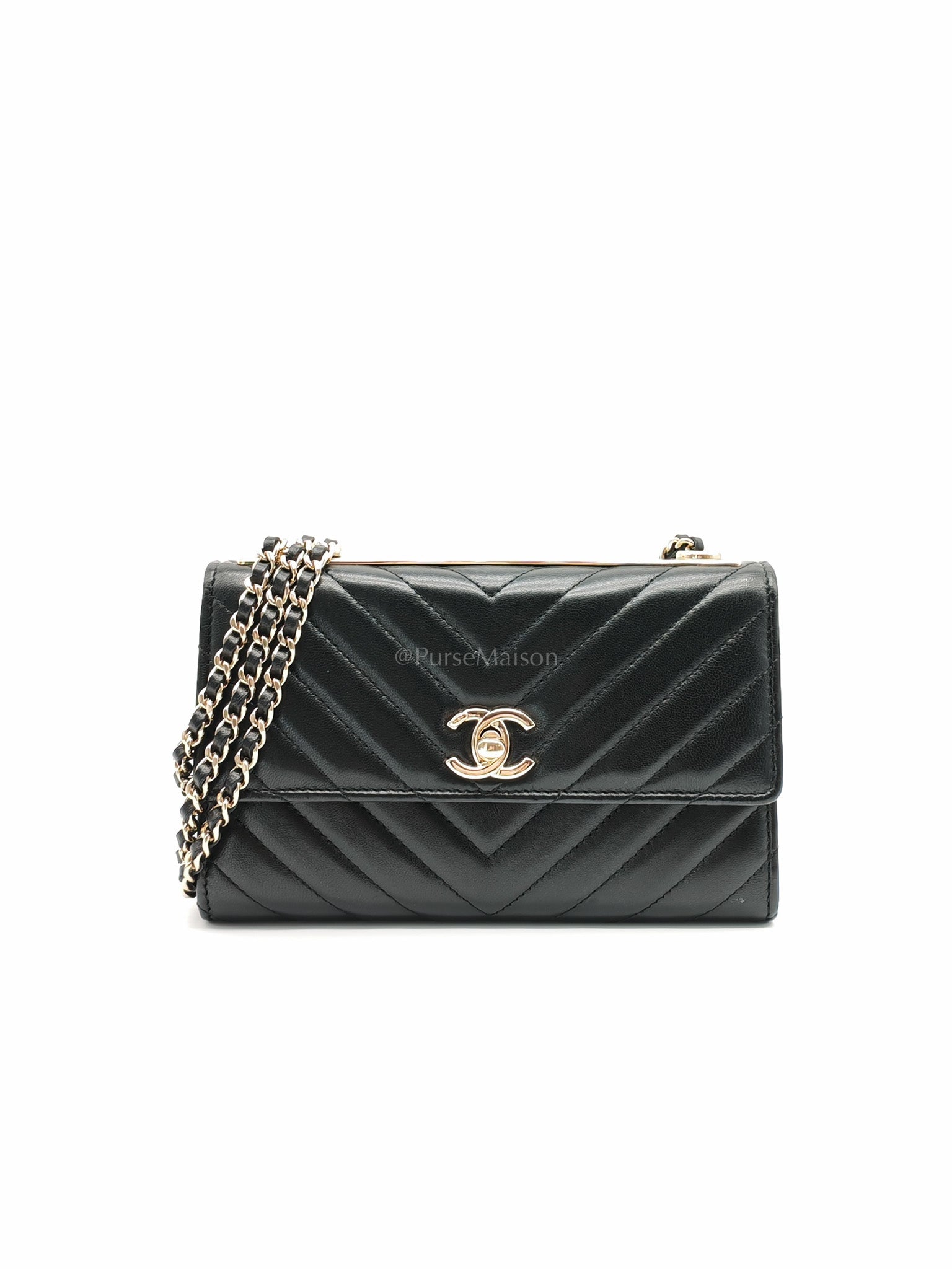 Trendy CC Wallet On Chain (WOC) in Black Chevron Lambskin Leather and Light Gold Hardware Series 25 | Purse Maison Luxury Bags Shop