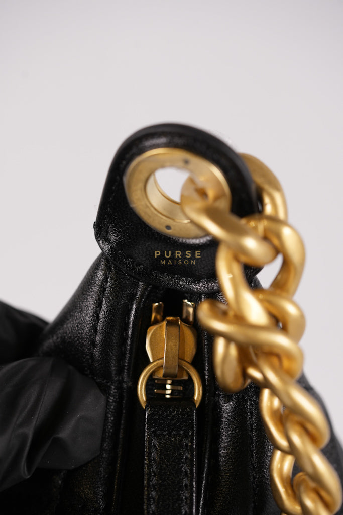 Trendy Pockets Hobo Bag in Black Shiny Lambskin Quilted Aged Gold Hardware (Microchip) | Purse Maison Luxury Bags Shop