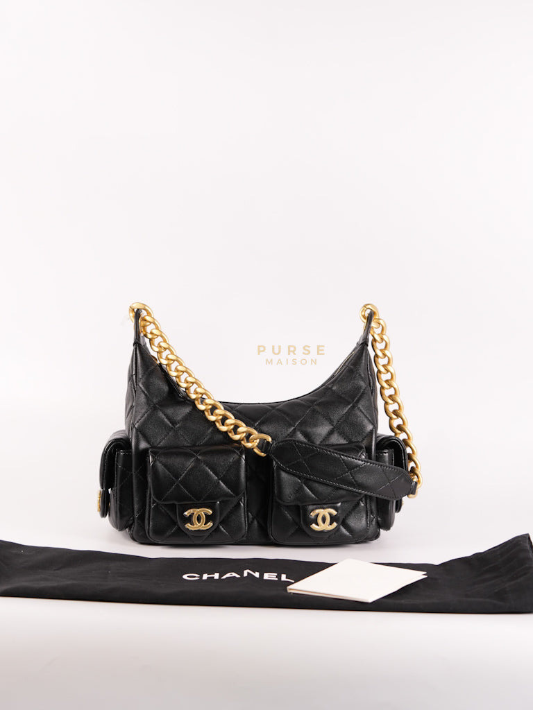 Trendy Pockets Hobo Bag in Black Shiny Lambskin Quilted Aged Gold Hardware (Microchip) | Purse Maison Luxury Bags Shop