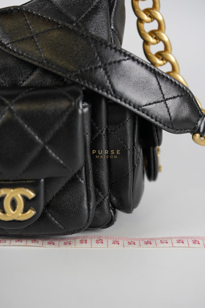 Trendy Pockets Hobo Bag in Black Shiny Lambskin Quilted Aged Gold Hardware (Microchip) | Purse Maison Luxury Bags Shop