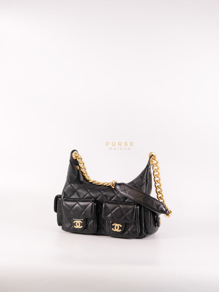 Trendy Pockets Hobo Bag in Black Shiny Lambskin Quilted Aged Gold Hardware (Microchip) | Purse Maison Luxury Bags Shop