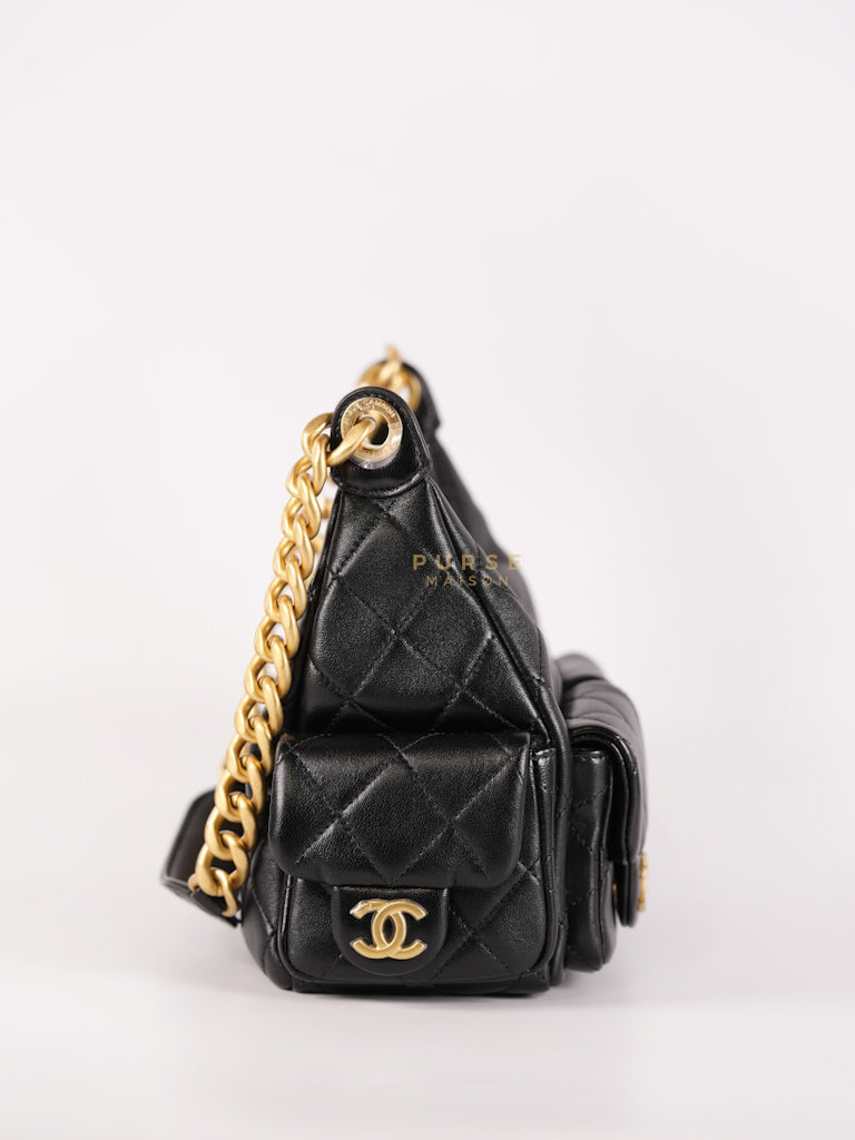 Trendy Pockets Hobo Bag in Black Shiny Lambskin Quilted Aged Gold Hardware (Microchip) | Purse Maison Luxury Bags Shop