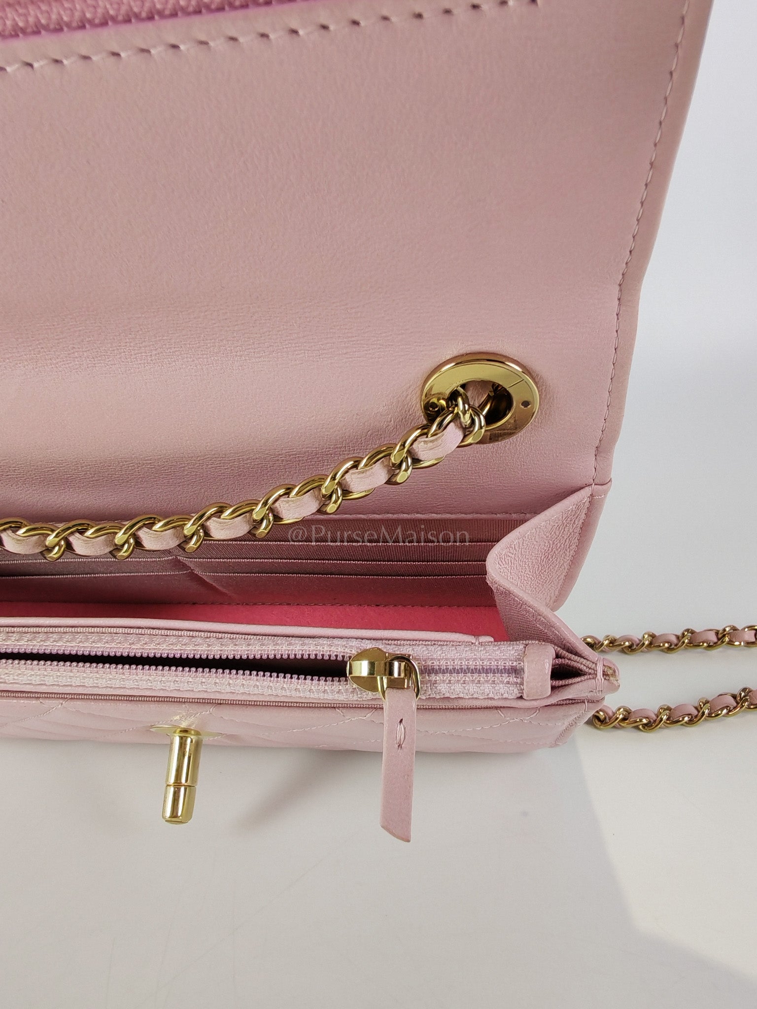 Trendy Wallet On Chain in Pink Lambskin Leather and Gold Hardware Series 31 | Purse Maison Luxury Bags Shop