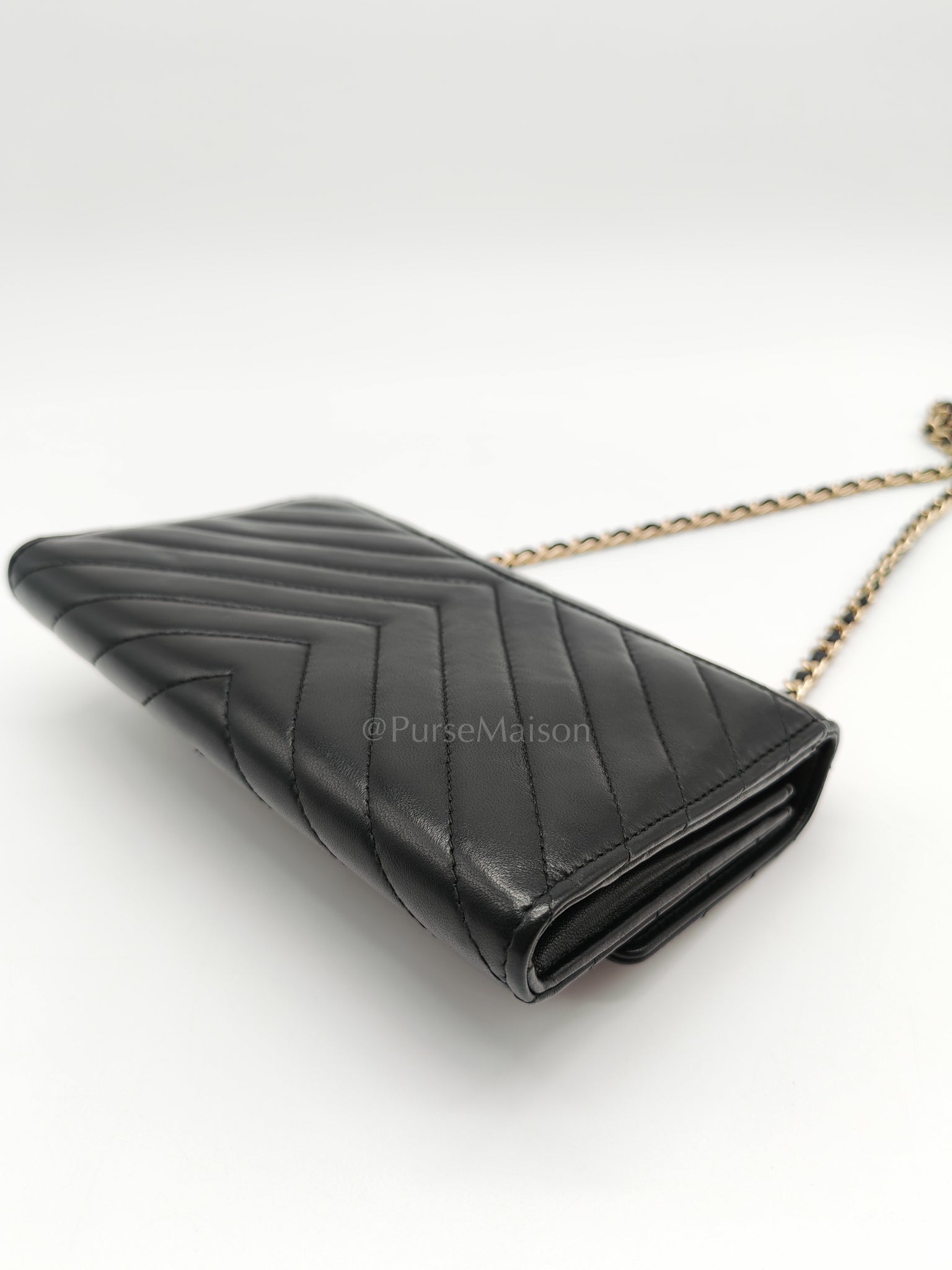 Trendy Wallet on Chain(WOC) Black Lambskin Leather in Light Gold Hardware (Series 25****00) | Purse Maison Luxury Bags Shop