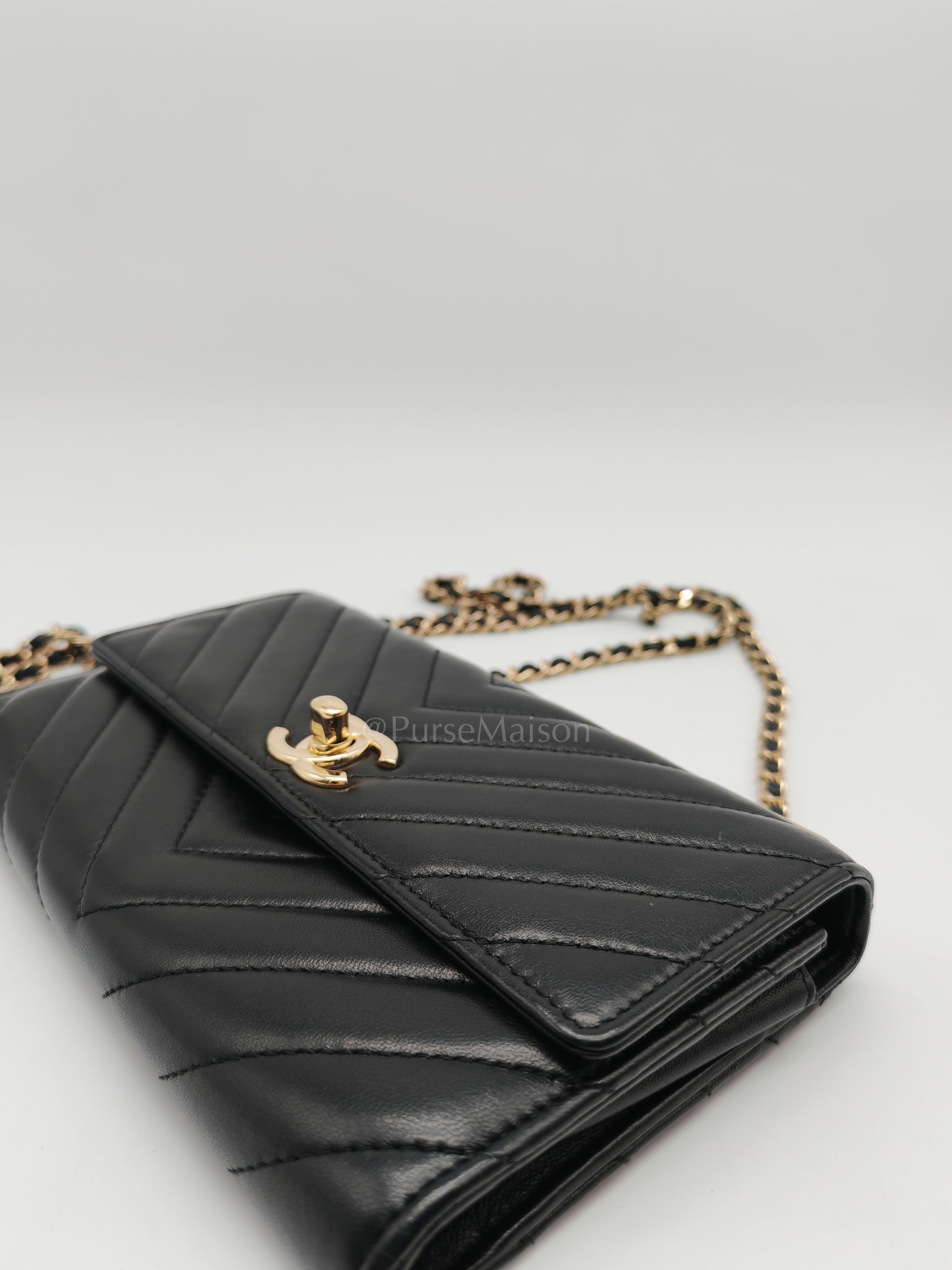 Trendy Wallet on Chain(WOC) Black Lambskin Leather in Light Gold Hardware (Series 25****00) | Purse Maison Luxury Bags Shop