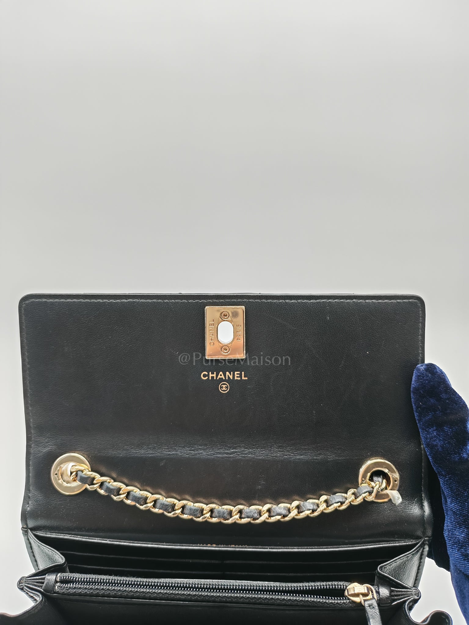 Trendy Wallet on Chain(WOC) Black Lambskin Leather in Light Gold Hardware (Series 25****00) | Purse Maison Luxury Bags Shop