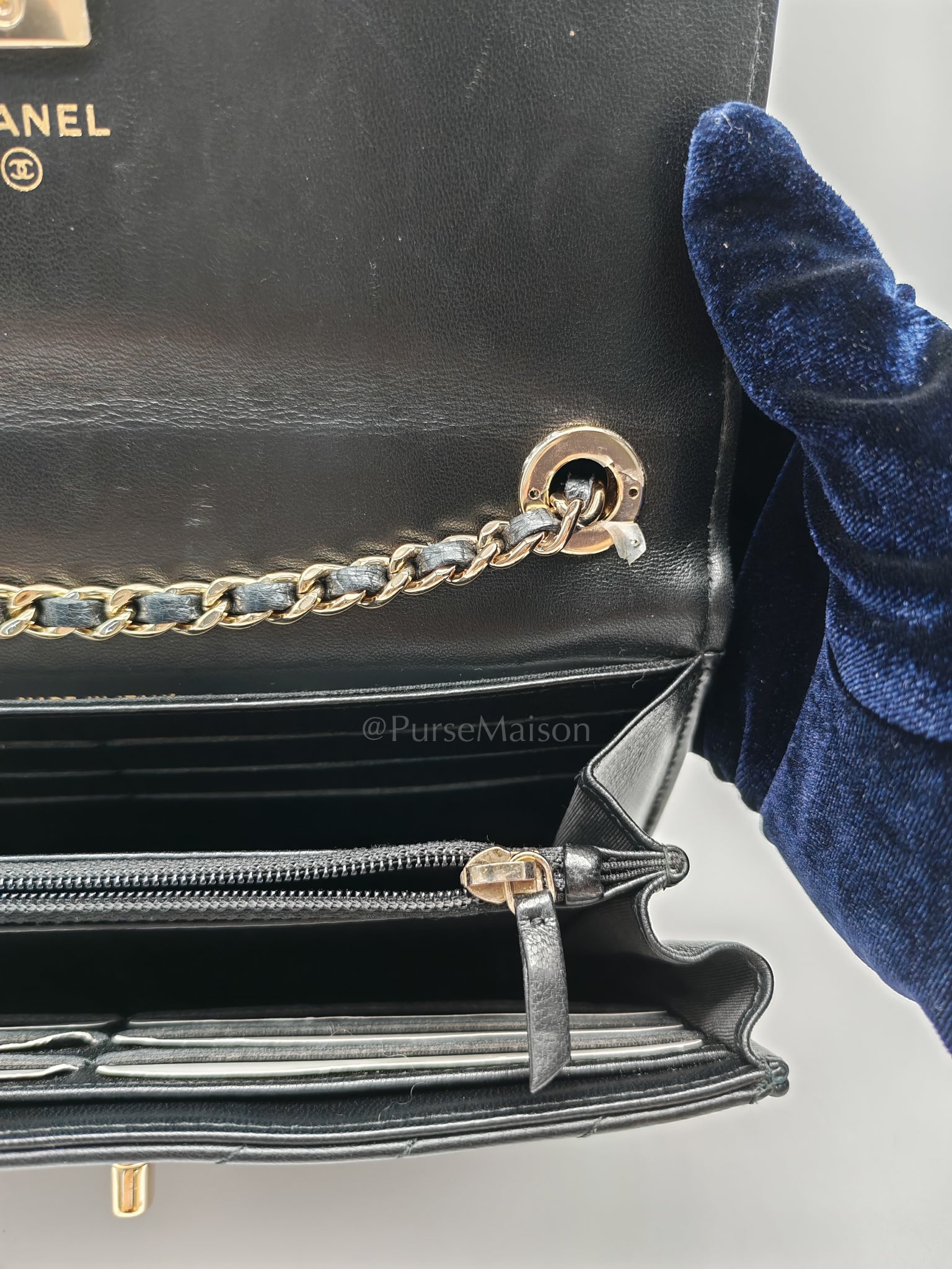 Trendy Wallet on Chain(WOC) Black Lambskin Leather in Light Gold Hardware (Series 25****00) | Purse Maison Luxury Bags Shop