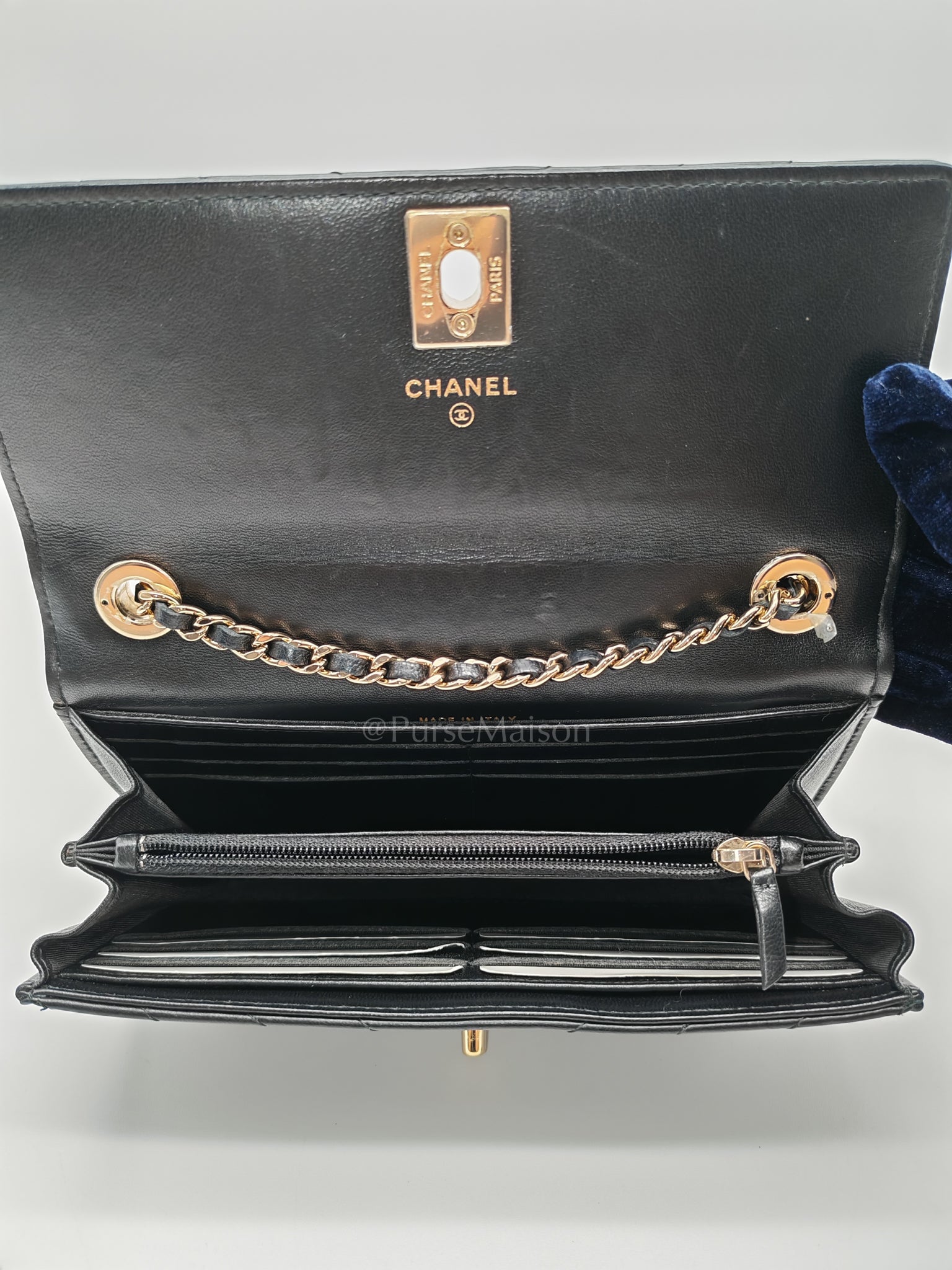 Trendy Wallet on Chain(WOC) Black Lambskin Leather in Light Gold Hardware (Series 25****00) | Purse Maison Luxury Bags Shop