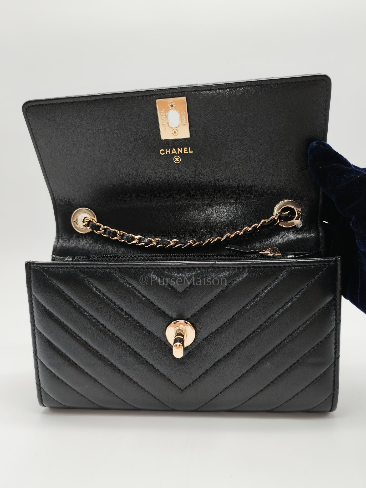 Trendy Wallet on Chain(WOC) Black Lambskin Leather in Light Gold Hardware (Series 25****00) | Purse Maison Luxury Bags Shop