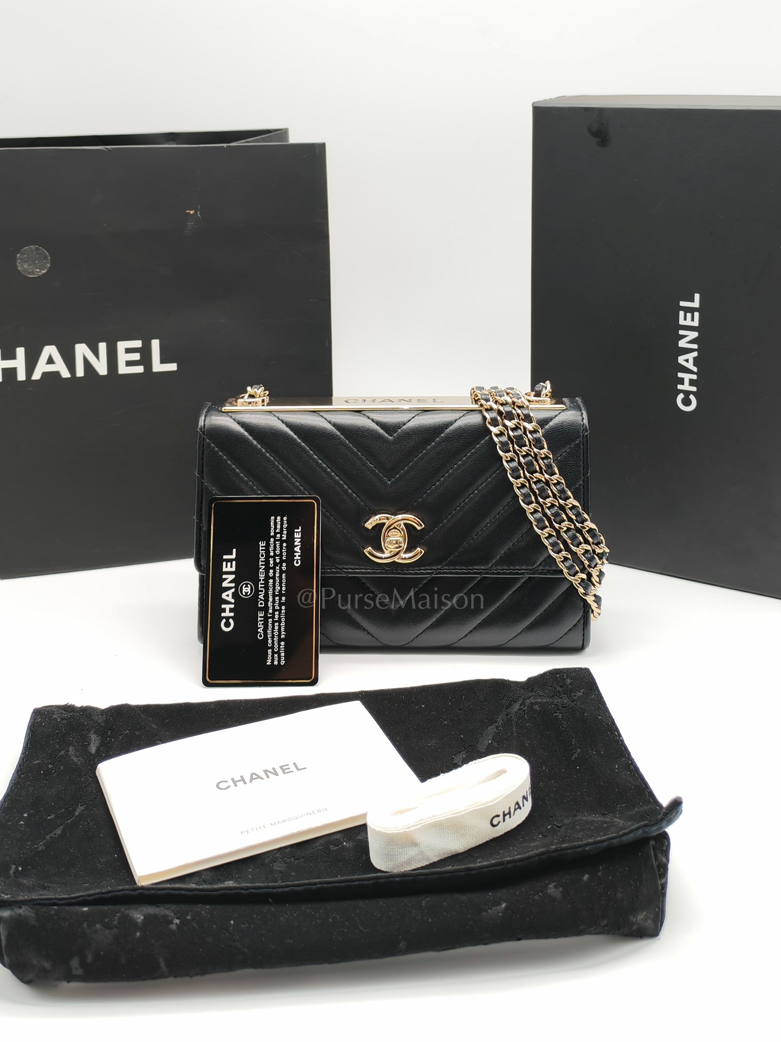 Trendy Wallet on Chain(WOC) Black Lambskin Leather in Light Gold Hardware (Series 25****00) | Purse Maison Luxury Bags Shop
