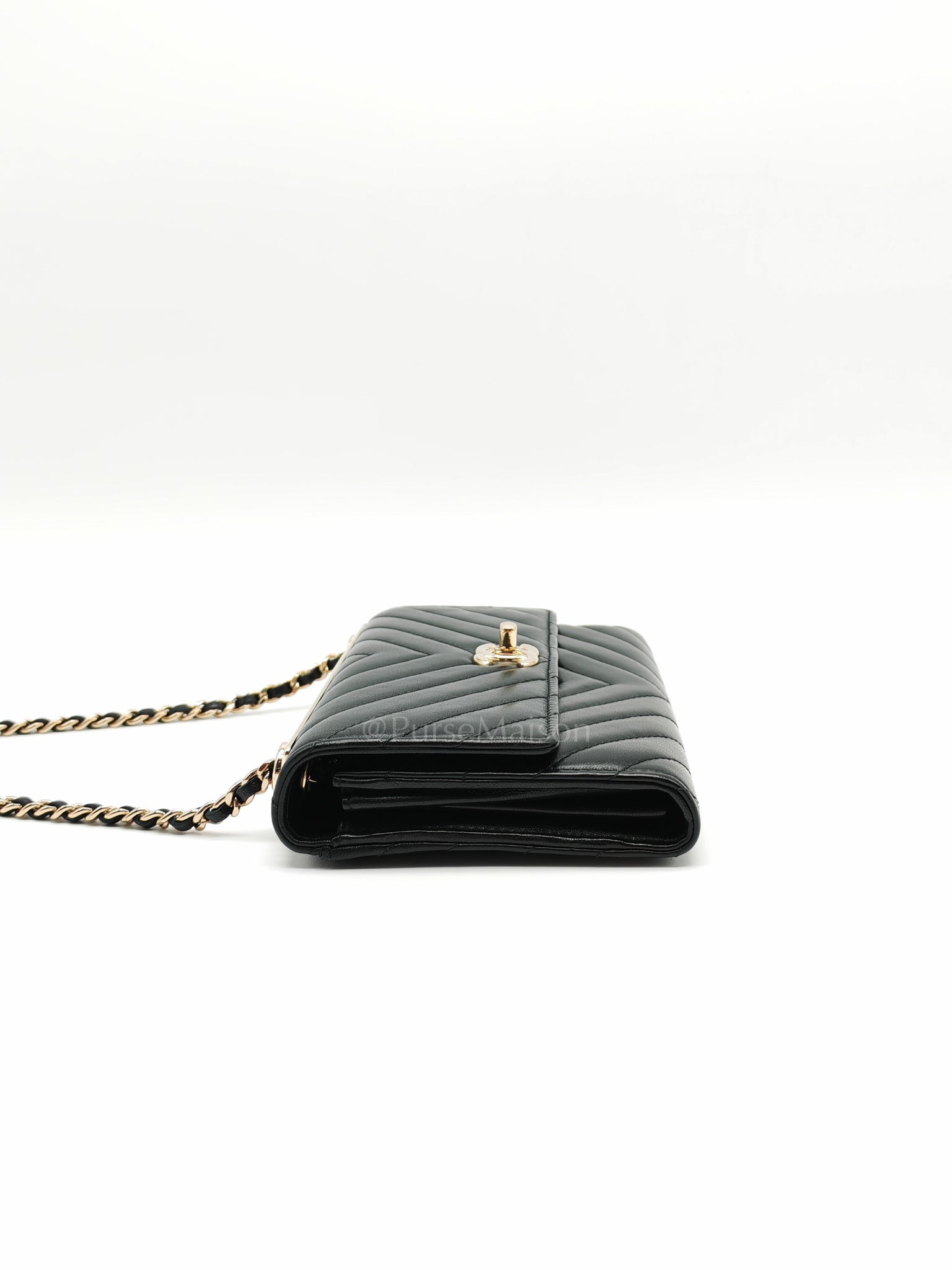 Trendy Wallet on Chain(WOC) Black Lambskin Leather in Light Gold Hardware (Series 25****00) | Purse Maison Luxury Bags Shop